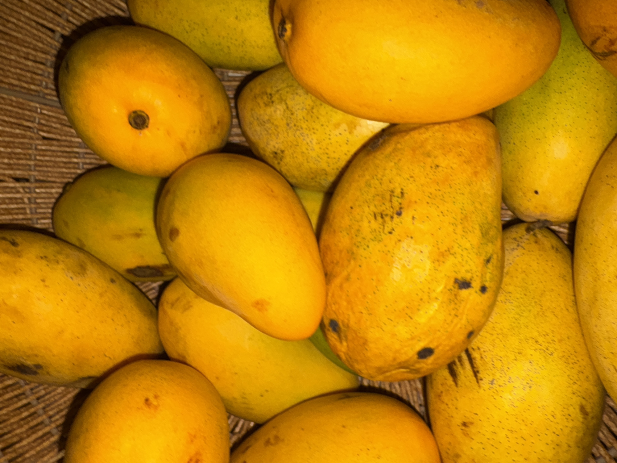 A close-up shot depicts a basket overflowing with ripe mangoes. The mangoes are mostly yellow, with some exhibiting green undertones. A few have small blemishes. The basket itself is made of woven material. The image location is Puebla, Mexico. No people are visible.