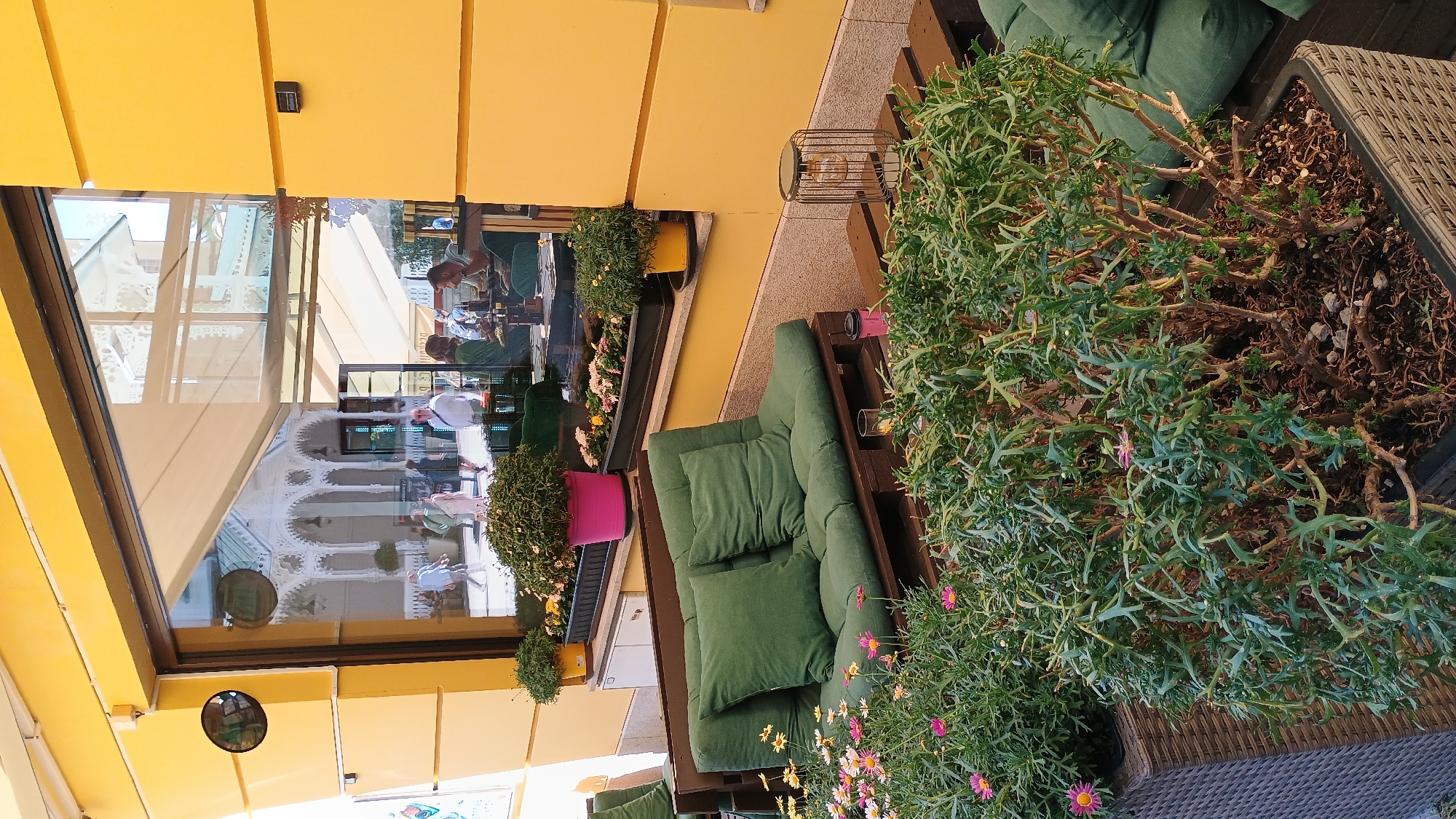 The image depicts an outdoor seating area of a cafe or restaurant on a sunny day. The dominant color is yellow, from the building's facade and awning. In the foreground, there are several potted plants with lush green foliage and small pink and white flowers. A dark brown pallet sofa with green cushions and pillows is positioned on the left, accompanied by a low wooden table on the right. On the table, there are a couple of glasses, a pink disposable cup, and a decorative metal lantern.
Through the large window of the building, a reflection shows a pedestrian street with ornate white architecture, characteristic of Karlovy Vary, Czechia, suggesting this establishment is located in the city center. Several people are visible in the reflection, walking along the street and inside the establishment. Inside, patrons are seated at tables, some of whom are interacting with each other. The overall scene conveys a relaxed, daytime atmosphere.