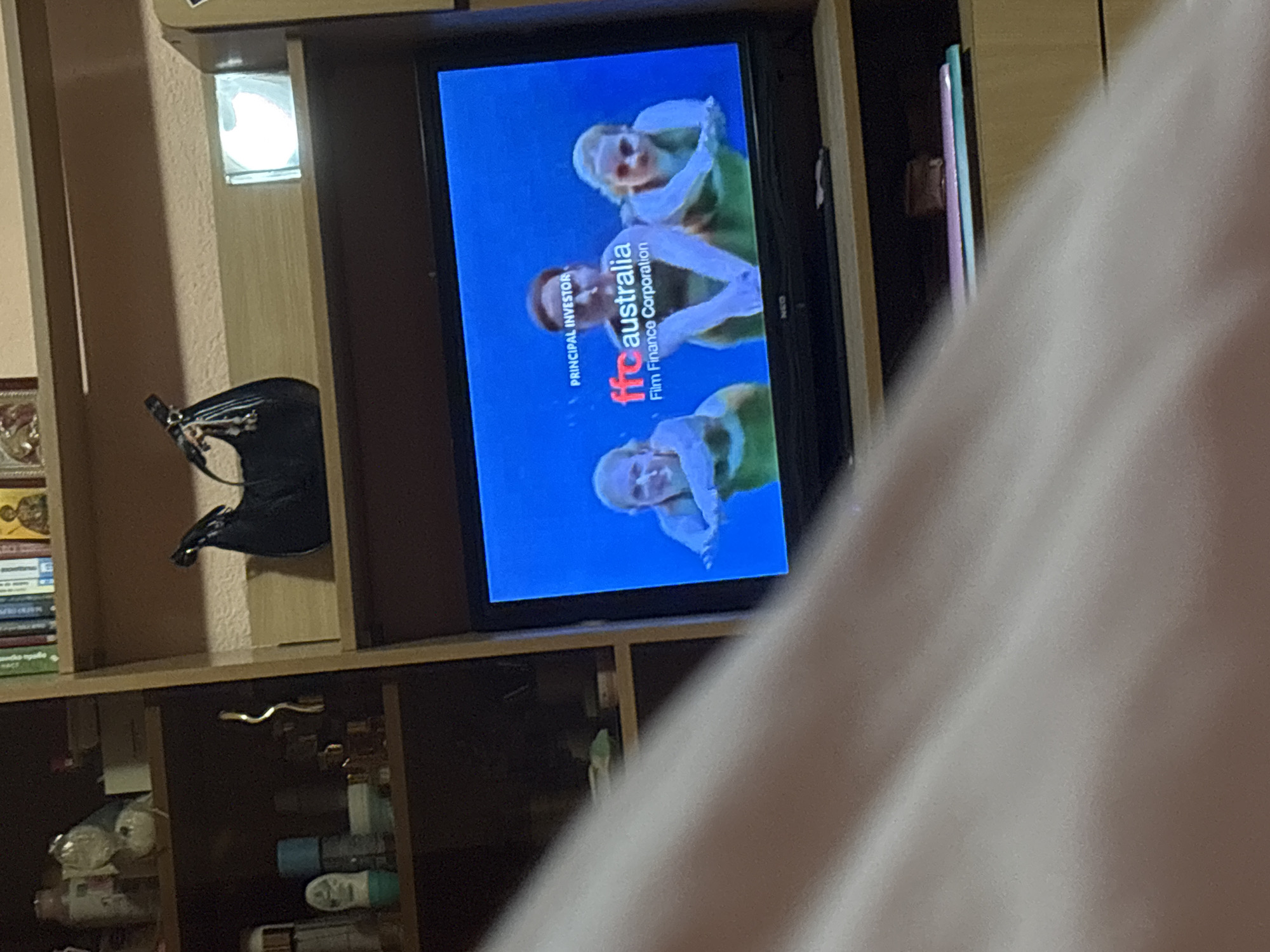 The image shows a television displaying a commercial for FFC Australia Film Finance Corporation. The television is situated on a wooden shelving unit. Various items are stored on the shelves, including toiletries and books. A black handbag hangs on the shelf. A blurred white object is in the foreground. The image gives no indication that this is located in Garmen, Bulgaria.