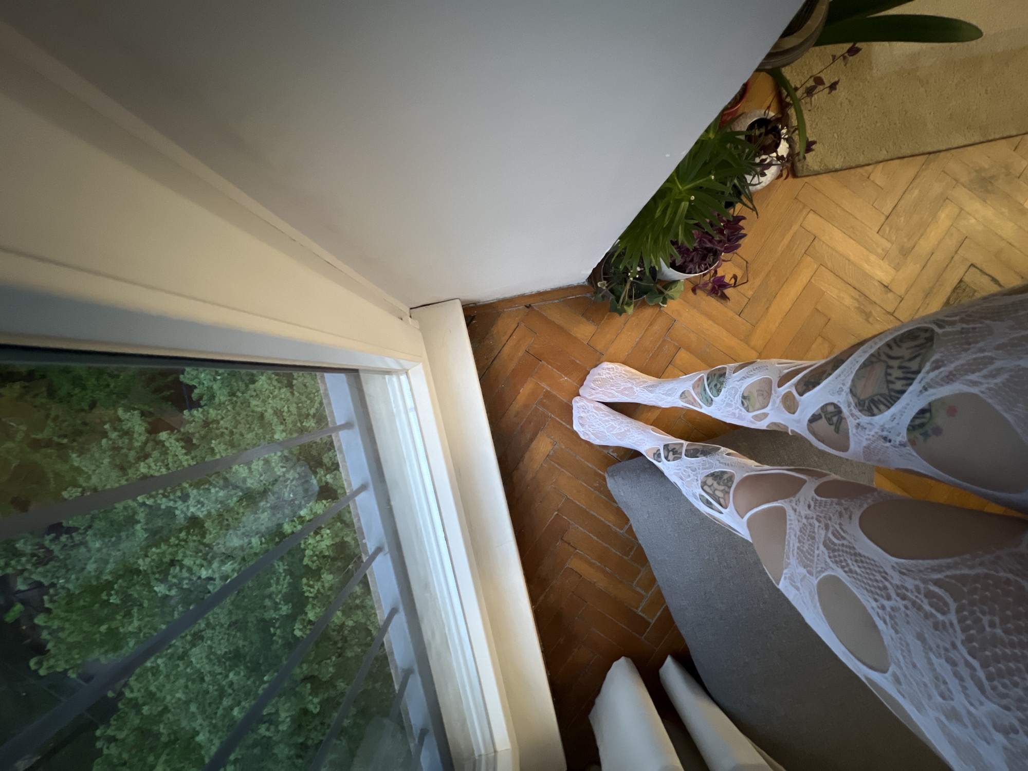 The image captures an indoor scene from a high, downward-looking angle, potentially from a standing position or looking over a ledge. The primary subject is a person's legs, clad in distinctive white, ripped, fishnet-style tights or stockings, revealing skin and intricate tattoos underneath. The legs are partially resting on or next to a grey, upholstered surface, likely a sofa or cushion, and are positioned on a wooden parquet floor.
The room features a warm wooden parquet floor laid in a herringbone pattern. A large window on the left side of the frame offers a view of lush green foliage outside, indicating a natural outdoor environment, possibly a garden or trees along a street. The window frame is white. In the corner to the right of the window, on the wooden floor, are several potted plants with green and purple leaves, suggesting indoor greenery. A white wall or partition runs diagonally across the top and right side of the image, contributing to the elevated perspective.
The lighting suggests it is daytime, with natural light entering through the window, illuminating the outdoor greenery. There are no specific activities taking place, just a stationary pose. No visible text is present in the image. The setting appears to be a comfortable residential interior in Belgrade, Serbia.