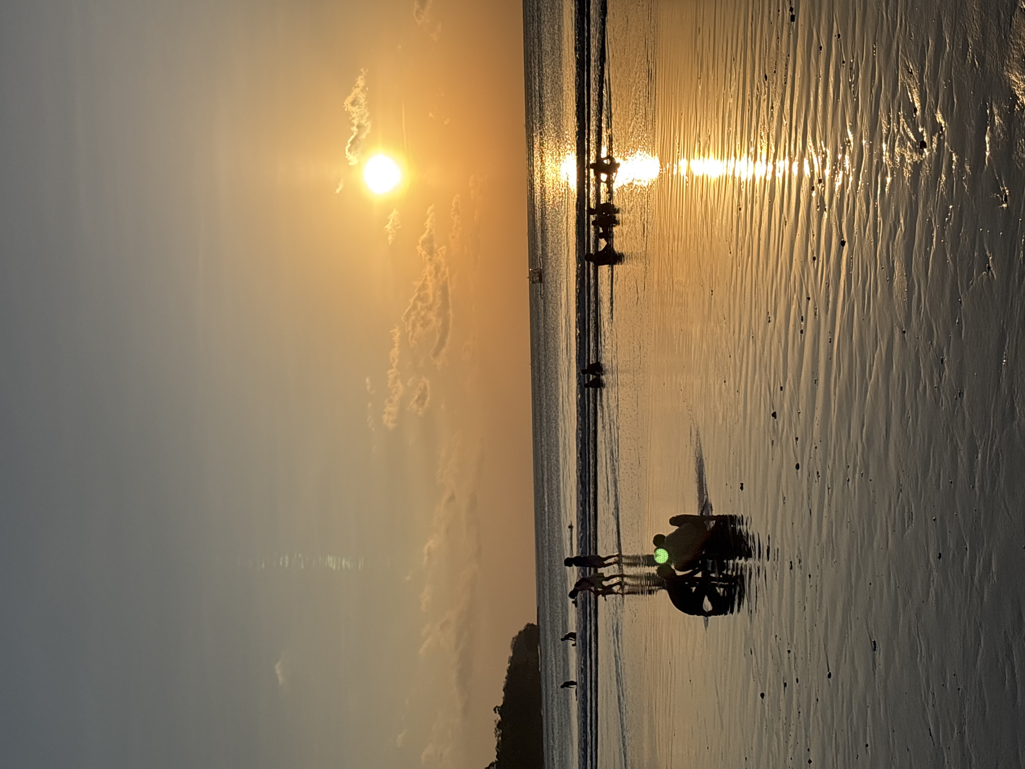 This image depicts a beach scene at sunset in Kuta Selatan, Indonesia. The sky transitions from a pale blue-grey at the top to vibrant orange and yellow tones at the horizon, where the sun appears as an intensely bright, overexposed orb in the upper right quadrant. A prominent vertical streak of light artifacts is visible in the upper-center sky. The sun casts a strong, reflective path of golden light across the ocean surface and the wet sand in the foreground.
The foreground consists of dark, wet sand exhibiting ripples and scattered small dark specks. Two silhouetted individuals are crouched on this wet sand; between them rests a distinctly bright, luminescent green, roughly spherical object. Further into the scene, multiple people are present along the shoreline. On the left mid-ground, several individuals are wading in the shallow surf, including one adult figure appearing to assist a child. To the right mid-ground, a cluster of approximately three to four individuals is partially submerged or seated in the shallow water, mostly silhouetted against the sun's reflection. On the distant horizon, a small, light-colored boat or vessel is visible. The far left of the frame shows a dark, tree-covered landmass extending towards the ocean. The ocean surface displays gentle waves breaking near the shore.