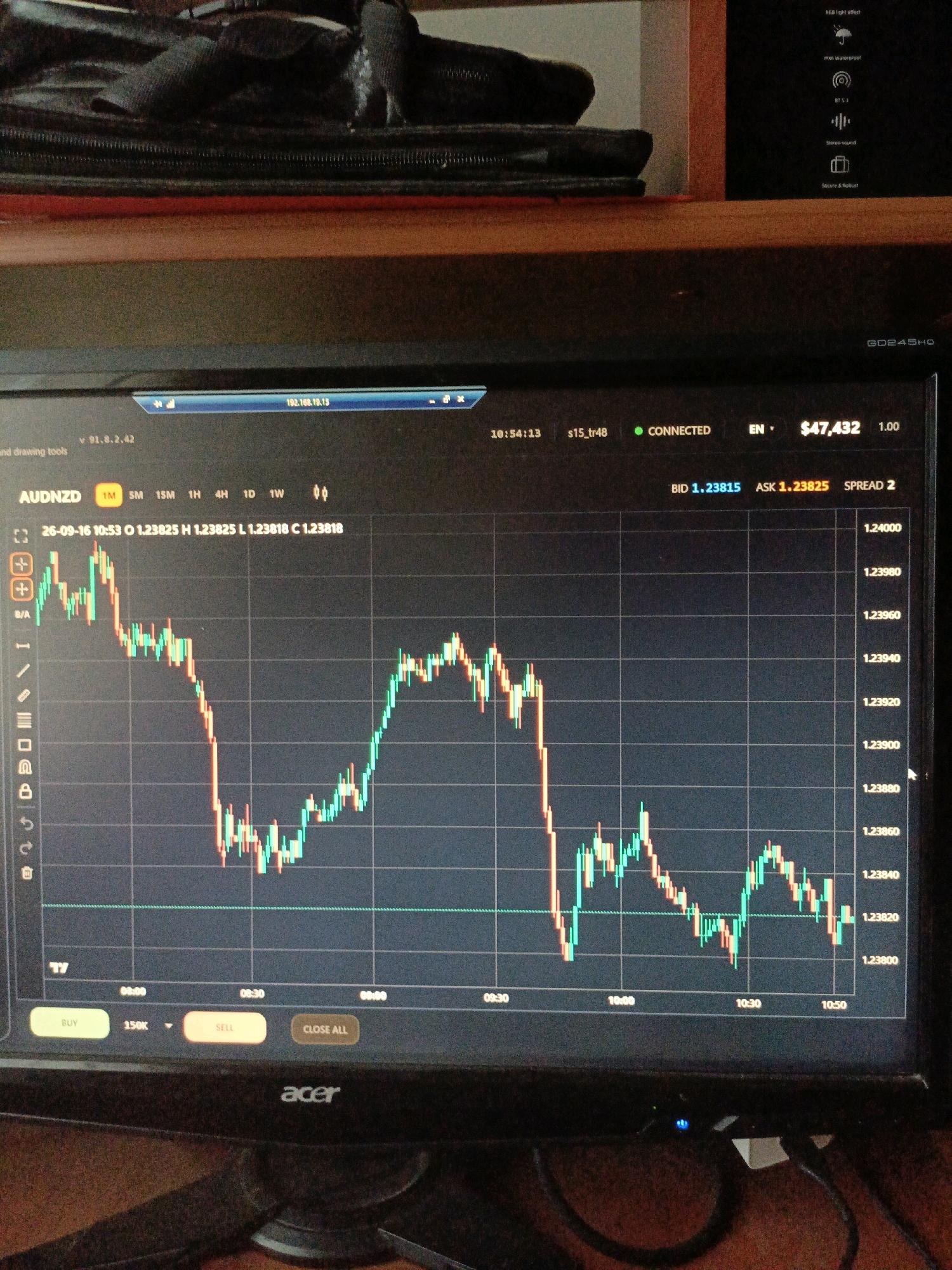 The image shows a close-up of a computer monitor displaying a financial trading platform. The platform shows a candlestick chart for the AUD/NZD currency pair, with time and price data visible. On the left side of the screen, there are tool icons for drawing on the chart. At the bottom of the screen, there are buttons for "BUY", "SELL", and "CLOSE ALL". The monitor is an Acer brand, and it is positioned on a wooden surface. In the background, a black bag and part of a shelf are visible. There are no people present in the image. The context suggests a personal computer setup for online trading. The city of Ukhamany, Russia is not depicted in the image.