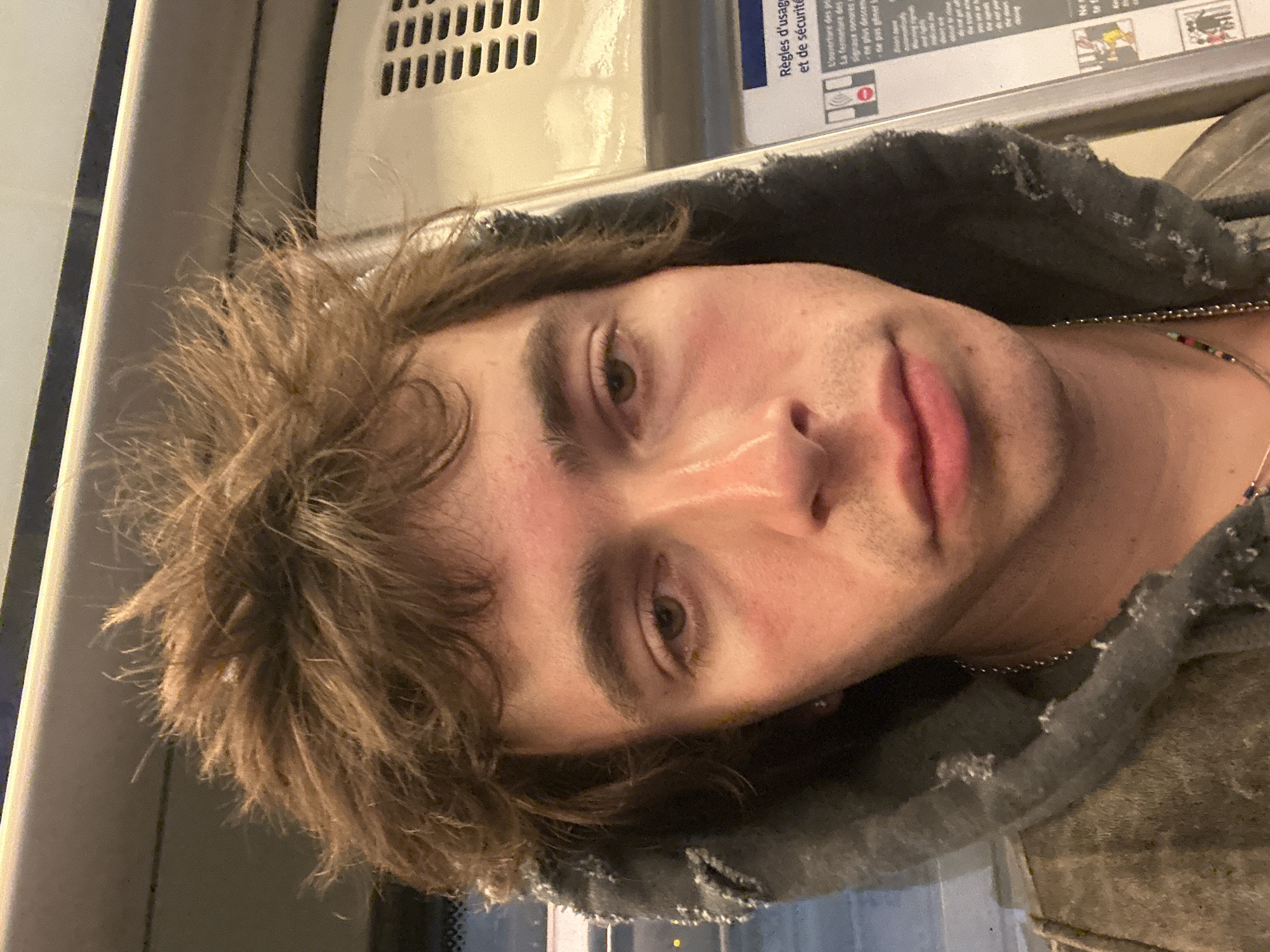 A medium-close up shot depicts a young man with light brown hair, wearing a distressed grey hooded sweatshirt and a delicate necklace, possibly inside a train carriage. Part of a warning sign with the words "Règles d'usage et de sécurité" (Usage and safety rules) in French is visible in the background, suggesting a location in France, likely Paris given the French text and train infrastructure. Additional details include the train's interior, such as the ventilation panel. The photo is taken at an angle.