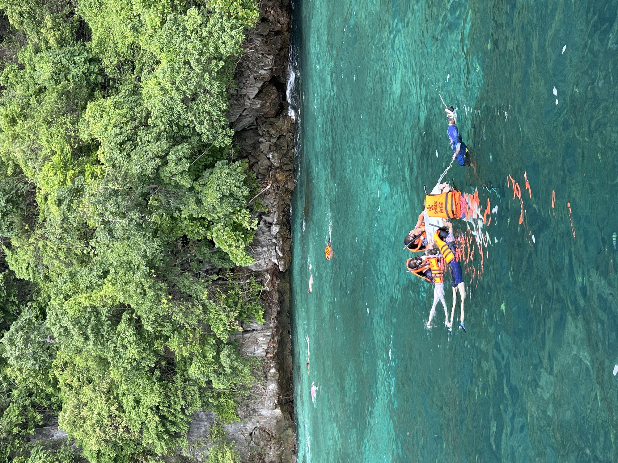 In the turquoise waters of Ao Nang, Thailand, a group of snorkelers enjoys the vibrant aquatic environment. The scene is dominated by the lush green foliage that cascades down the rocky cliffs lining the shore, creating a dramatic backdrop. The water itself is a striking shade of emerald, with the clarity revealing the sandy bottom and scattered fish below.
In the foreground, three individuals are clustered together, floating on their backs. They are all wearing snorkeling gear, including masks and snorkels, and orange life vests for buoyancy and visibility. The person on the left is wearing a white swimsuit, while the person in the middle and on the right are wearing dark swim trunks. Another individual is visible further out in the water, also wearing a blue swimsuit and a snorkel.
In the mid-ground, several other snorkelers can be seen scattered across the water. Some are partially submerged, their bodies forming ripples on the surface, while others are further away and less distinct. One person in the mid-ground is wearing an orange life vest. The sunlight reflects off the water, creating a shimmering effect and highlighting the movement of the snorkelers.
The overall impression is one of a serene and active day spent exploring the underwater world of Ao Nang. The combination of the natural beauty of the coastline and the human activity creates a captivating and idyllic scene.