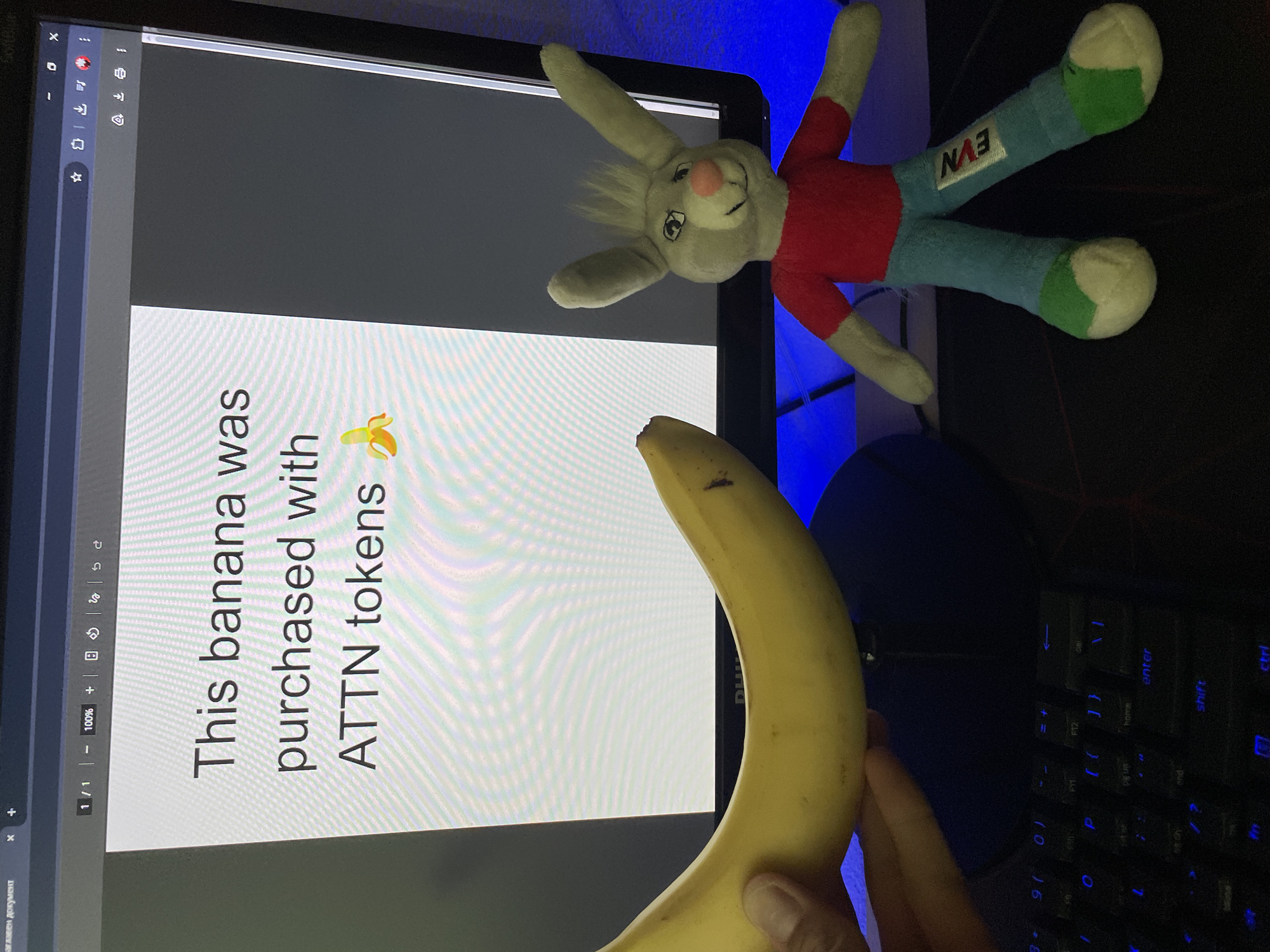 An indoor scene, likely a desk setup, is depicted featuring a human hand holding a banana in the foreground, a computer monitor displaying text, a stuffed rabbit toy, and a backlit keyboard.
The hand, with visible fingernails, holds a ripe yellow banana, positioning it in front of the lower right portion of a computer monitor. The monitor displays a document or webpage with the central message: "This banana was purchased with ATTN tokens," accompanied by a banana emoji. The top section of a web browser interface is visible on the screen, showing various icons (like a star for bookmarks, download icon), navigation controls, and status indicators such as "1 / 1" and "100%." The browser tab title "аглавен документ" (meaning "main document" in Bulgarian or Russian) can be seen in the upper left corner.
To the upper left of the monitor, a stuffed rabbit toy is placed, appearing to observe the scene. The bunny has light gray fur, a pink nose, and is dressed in a red shirt and blue pants. The letters "EVN" are distinctly visible on one of its blue pant legs.
A dark keyboard with blue backlighting is partially visible in the lower right area of the image, behind the banana. A soft blue ambient light emanates from behind the monitor, casting a glow that suggests the room might be dimly lit, possibly indicating evening or nighttime. The image captures a lighthearted display of a banana purchase using cryptocurrency, situated in what could be a home or office in Zlatograd, Bulgaria.
