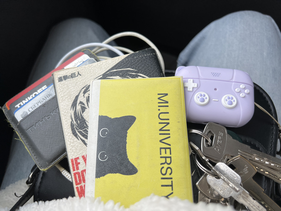 A close-up, overhead view displays an assortment of personal items resting on a lap in the city of Lipitsy, Russia. The scene is static, with no visible individuals engaged in actions.
Forensically, the following objects are identified:
* **Top Left:** A section of white, textured fabric, consistent with a garment or bag lining.
* **Center Foreground:** A yellow rectangular card or item featuring an upside-down black cat silhouette with white eyes. Below this, also upside down, are the black letters "M.L.UNIVERSITY".
* **Below and Behind the Yellow Item:** A dark-colored, possibly leather, wallet or card holder is partially visible. It contains multiple cards.
* A red card with white lettering reads "TINKOFF".
* A light blue card with white lettering reads "СБЕРБАНК".
* Additional obscured cards are present.
* **Behind the Wallet:** A light-colored item, possibly a passport cover or another wallet, displays a black graphic of a stylized head or character, and Japanese text which translates to "Attack on Titan" ("進撃の巨人"). The name "LEVI ACKERMAN" is also partially visible.
* **Entangled:** A bundle of white cables (likely USB or charging cables) is visible behind these items.
* **Bottom Left:** A cluster of metal keys on a key ring. One key prominently displays the brand "AVERE".
* **Bottom Right:** A light purple silicone case, designed to resemble a retro video game controller, is attached to the key ring. It features white control buttons, including a directional pad, action buttons labeled 'A' and 'B', and two analog sticks with white paw print designs.
* **Underlying Surface:** The items are resting on light blue denim fabric, indicating the presence of a person's leg or lap, and a darker, indistinct surface on the right.