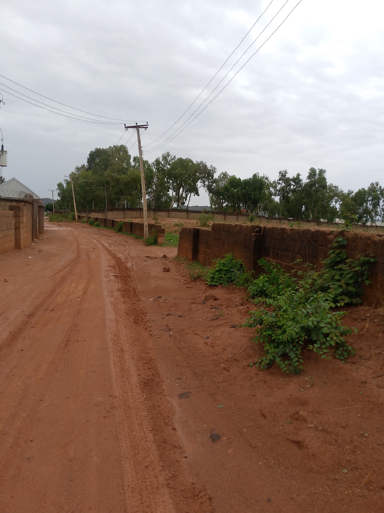 The image depicts a dirt road in Unknown, Unknown. The road is red in color and shows signs of recent rain, with tire tracks visible in the mud. On either side of the road are low brick walls. The wall on the right has some green vegetation growing on and around it. Power lines run overhead, supported by wooden poles. In the background, trees are visible beyond the brick walls. The sky is overcast with grey clouds.