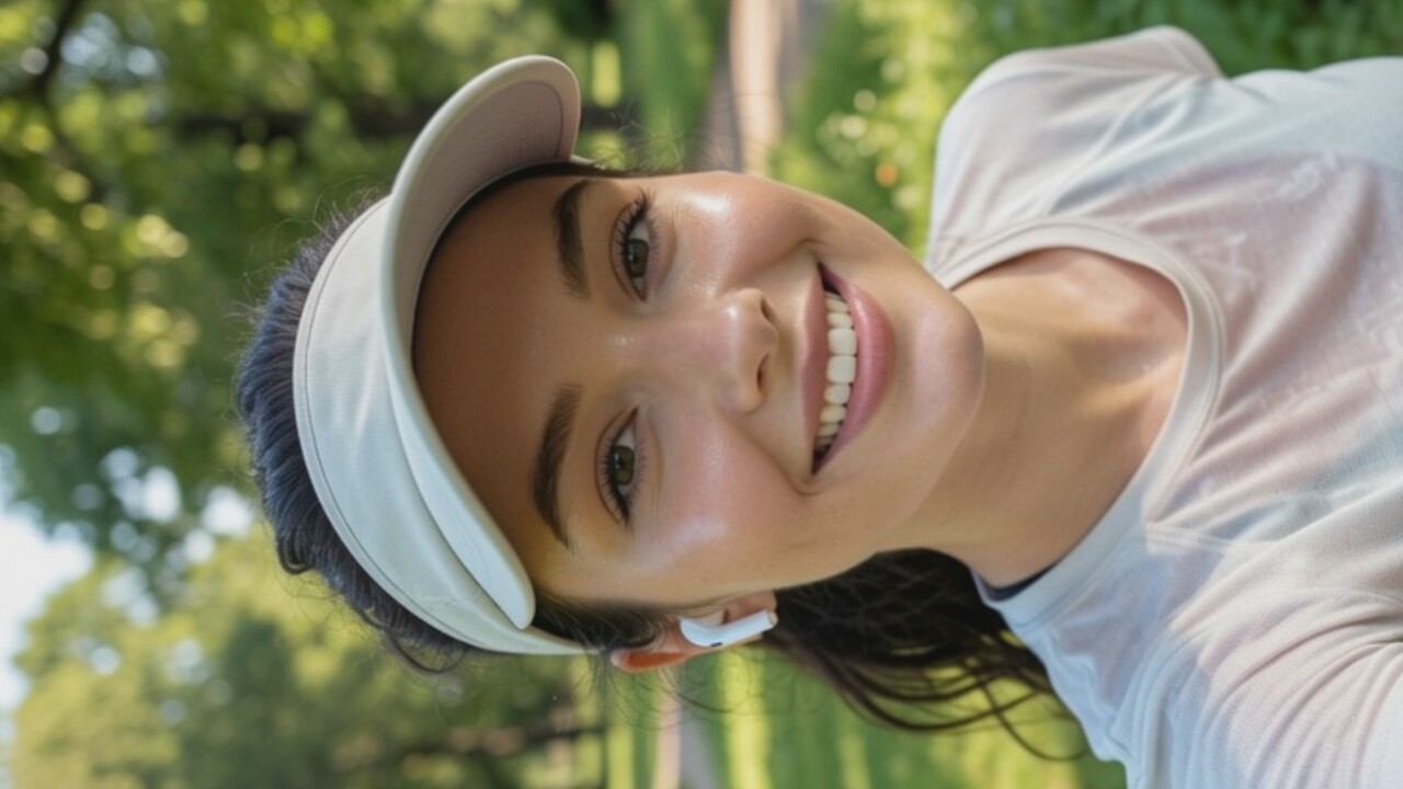A young woman with dark hair pulled back and wearing a light-colored visor and t-shirt, smiles at the camera. She has on white earbuds and is outdoors in a park-like setting with trees and greenery in the background.