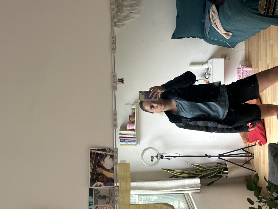 A young adult female is depicted taking a mirror selfie in what appears to be a residential bedroom within Mexico City, Mexico. She stands centrally, holding a light purple iPhone with her right hand to capture her reflection. She is dressed in a black puffer jacket, a light blue short-sleeved t-shirt, and black shorts. Her facial expression is neutral as she looks directly towards the phone.
The reflected environment features light-colored walls and a light wood-colored laminate floor. To the left, a window with light-colored curtains is visible, showing a blurred view of green foliage outside. A tall snake plant in a pot stands on the floor next to a black ring light on a tripod stand. A red fabric cushion rests on the floor near the bottom left.
Above the mirror, the wall displays several framed photographs, including one of an adult male holding a child and an older black and white image. Below these, a horizontal track of multiple white circular light fixtures or power outlets runs across the wall. A small framed photograph of a woman is centered on this track. To the far right, a white, multi-tiered hanging decoration, resembling a dreamcatcher, is affixed to the wall.
On the right side of the scene, a white floating shelf contains a stack of books, small potted plants, and other decorative objects. Below the shelf, a bed with dark teal bedding is partially visible, featuring a light-colored, textured knitted blanket draped over it. A pink plastic storage basket is situated on the floor adjacent to the bed, next to a dark, intricately carved wooden box or small table. A tall, white cylindrical lamp is present on a small white bedside table or shelf.