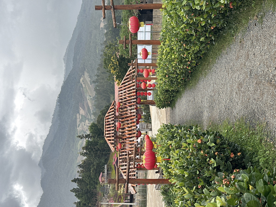 This image depicts a gravel pathway in Ban Mai Saha Sampan, Thailand, leading towards a complex of rustic wooden structures adorned with numerous red lanterns. The path, light gray and curving gently, is flanked on both sides by dense green hedges featuring small orange-red flowers. Overhead, a series of interconnected wooden pergolas, constructed from logs and planks, form an archway-like entrance, from which dozens of spherical red Chinese lanterns with yellow accents are suspended.
In the mid-ground, behind the lanterns and structures, several buildings with dark reddish-brown roofs are visible. To the far left, a small, elevated wooden hut with a red roof stands on a platform. The background is dominated by a range of steep mountains covered in dense green foliage, with some sections exhibiting lighter, possibly cleared or terraced agricultural land. The sky is uniformly overcast with heavy grey clouds. No individuals are present, and no actions or interactions are depicted. A white sign with blue text is partially visible through the structures on the right side.