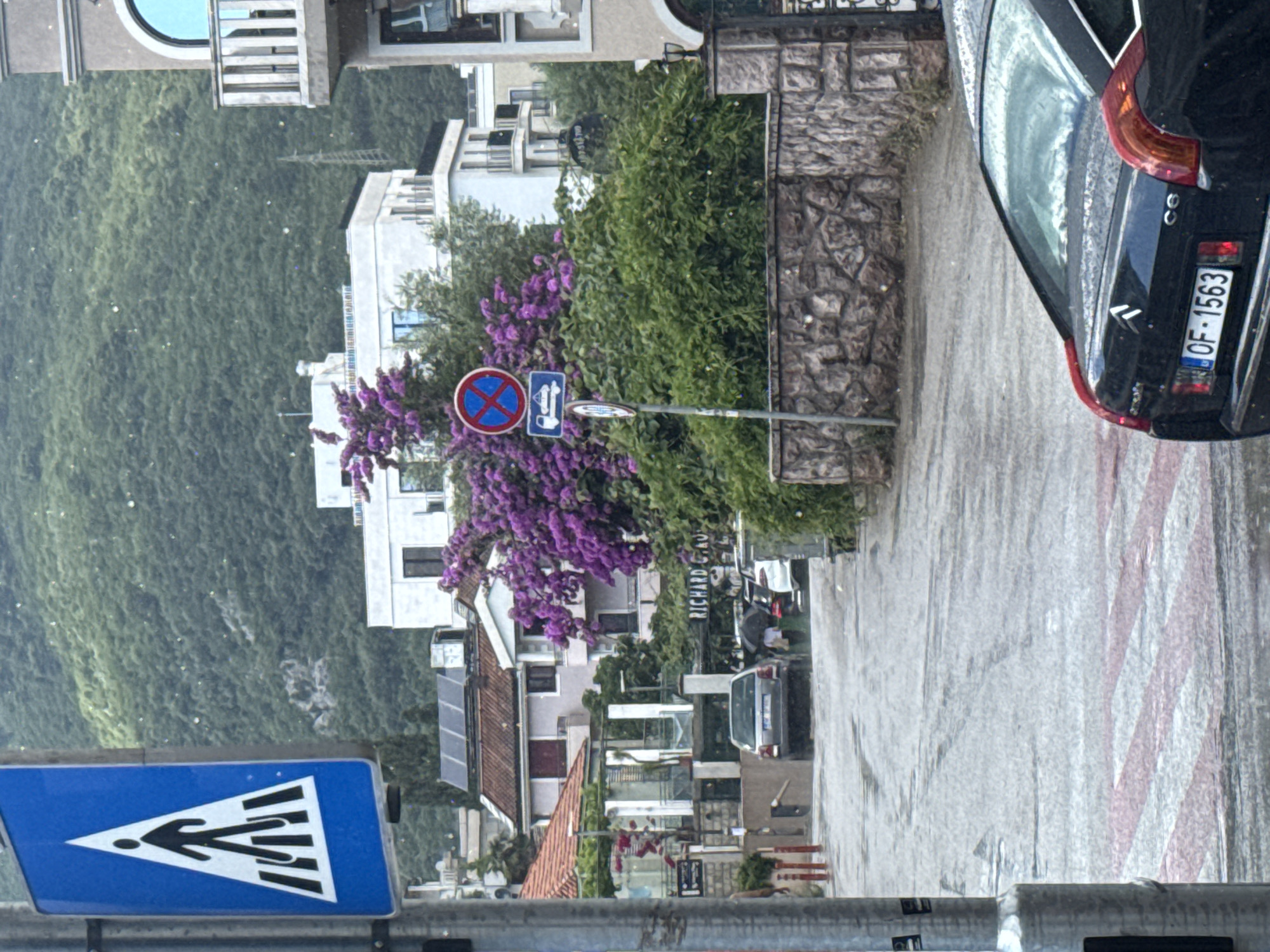 The image shows a street scene in Budva, Montenegro, on a rainy day. In the foreground, a pedestrian crossing with red and white stripes is visible. A black Citroën C6, license plate OF-1563, is parked to the right. Further down the street, there are several cars, including a silver sedan with its rear facing the camera, and two white cars. People are seen with umbrellas. Buildings with red tile roofs and white facades line the street, with a large hill covered in green foliage in the background. Traffic signs are also present, including a pedestrian crossing sign and a no parking sign. The overall impression is of a wet and overcast day in a coastal town.