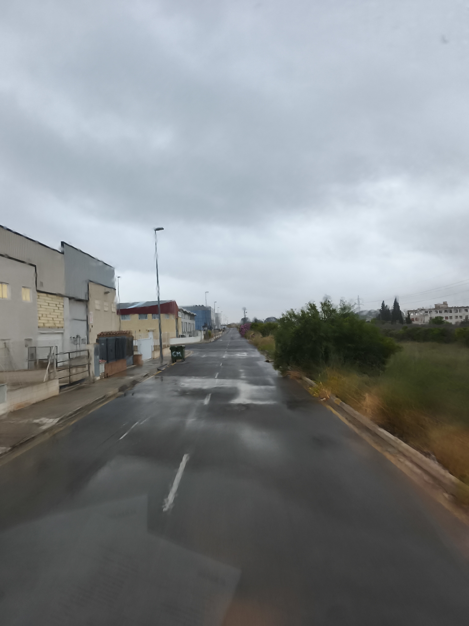 The image captures a wet, asphalt road stretching into the distance on an overcast day in Nàquera, Spain. The sky is uniformly covered with heavy grey clouds, and the road surface is visibly wet and reflective, indicating recent rain. White dashed lane markings are discernible on the dark asphalt.
On the left side of the road, a succession of low-rise industrial or commercial buildings lines the street. These structures display a mix of light-colored facades, including smooth walls, corrugated metal siding, and exposed masonry blocks, with some windows faintly lit. Tall, dark streetlights punctuate the sidewalk along this row of buildings. A green industrial-style trash bin with the letters "CM" written on it is visible near the pavement.
To the right of the road, a wide, unkempt strip of land is dominated by tall, dry grass, dense green bushes, and scattered trees. In the far distance, beyond this natural buffer, additional buildings, possibly residential or light industrial, can be seen beneath the cloudy horizon.
The road is entirely empty, with no people, vehicles, or apparent activity, contributing to a quiet and somewhat desolate atmosphere. The overall mood is subdued, reflecting the gloomy weather conditions. Some slight motion blur, particularly in the foreground vegetation on the right, suggests the photograph may have been taken from a moving vehicle.