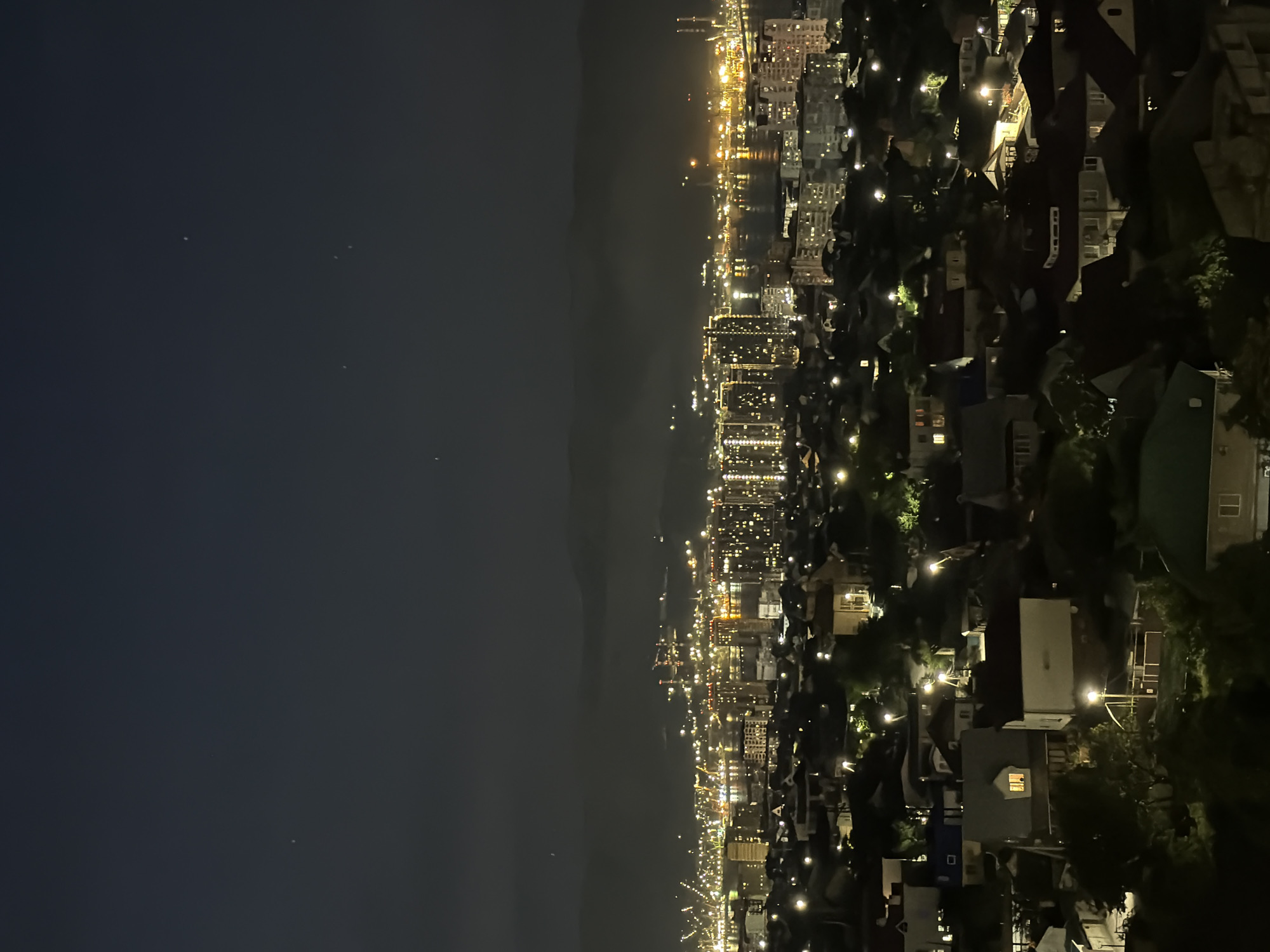 An elevated nighttime panorama captures the cityscape of Novorossiysk, Russia, with a dense residential area in the foreground giving way to a brightly lit industrial and port district in the background. The foreground is dominated by numerous houses, most with illuminated windows, clustered together amidst dark trees and streetlights. Beyond the residential zone, a wide expanse of the city glows with artificial lights, indicative of a bustling port and industrial area, with the lights reflecting on the water. Cranes and other industrial structures are visible within the illuminated zone, suggesting active operations even at night. The sky above is dark, with a few faint stars and a subtle layer of clouds or mist obscuring the distant mountains. The overall scene depicts a lively, populated urban environment transitioning from residential to industrial use, bathed in the artificial illumination of nighttime.
