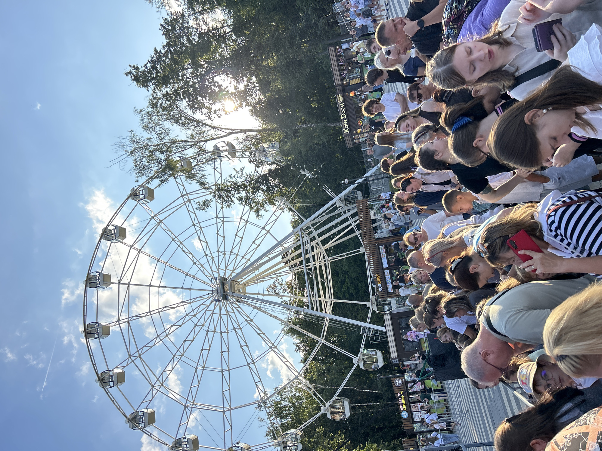 In Lyubertsy, Russia, on a sunny day, a large crowd of people are gathered in an outdoor amusement park or fairground, congregating near a ticket booth and food vendors. The focal point of the scene is a towering white Ferris wheel, its intricate metal structure dominating the sky. The sun is visible behind the trees, casting rays of light that create lens flares. Various food stalls, including a "Subway" outlet and another with Russian text and images of food, are visible in the background. The crowd consists of individuals of various ages, many appearing to be families and groups of friends. Some people are looking towards the Ferris wheel, while others are engaged in conversations or looking at their phones. The ground is paved with a striped pattern, possibly a crosswalk or designated queuing area. The overall atmosphere appears to be one of a casual, recreational outing on a warm day.
