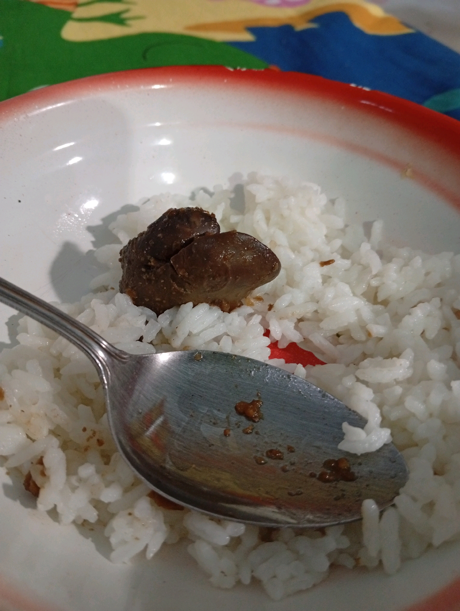 A close-up, eye-level shot shows a metal spoon resting on a mound of white rice in a white bowl with a red rim. A piece of dark brown food, possibly chicken gizzard, sits on top of the rice, slightly to the left of the center of the frame. The bowl is placed on a colorful, patterned tablecloth with shades of green, blue, and yellow. The scene is domestic and appears to be a mealtime setting. The location is specified as Kebondalem, Indonesia.