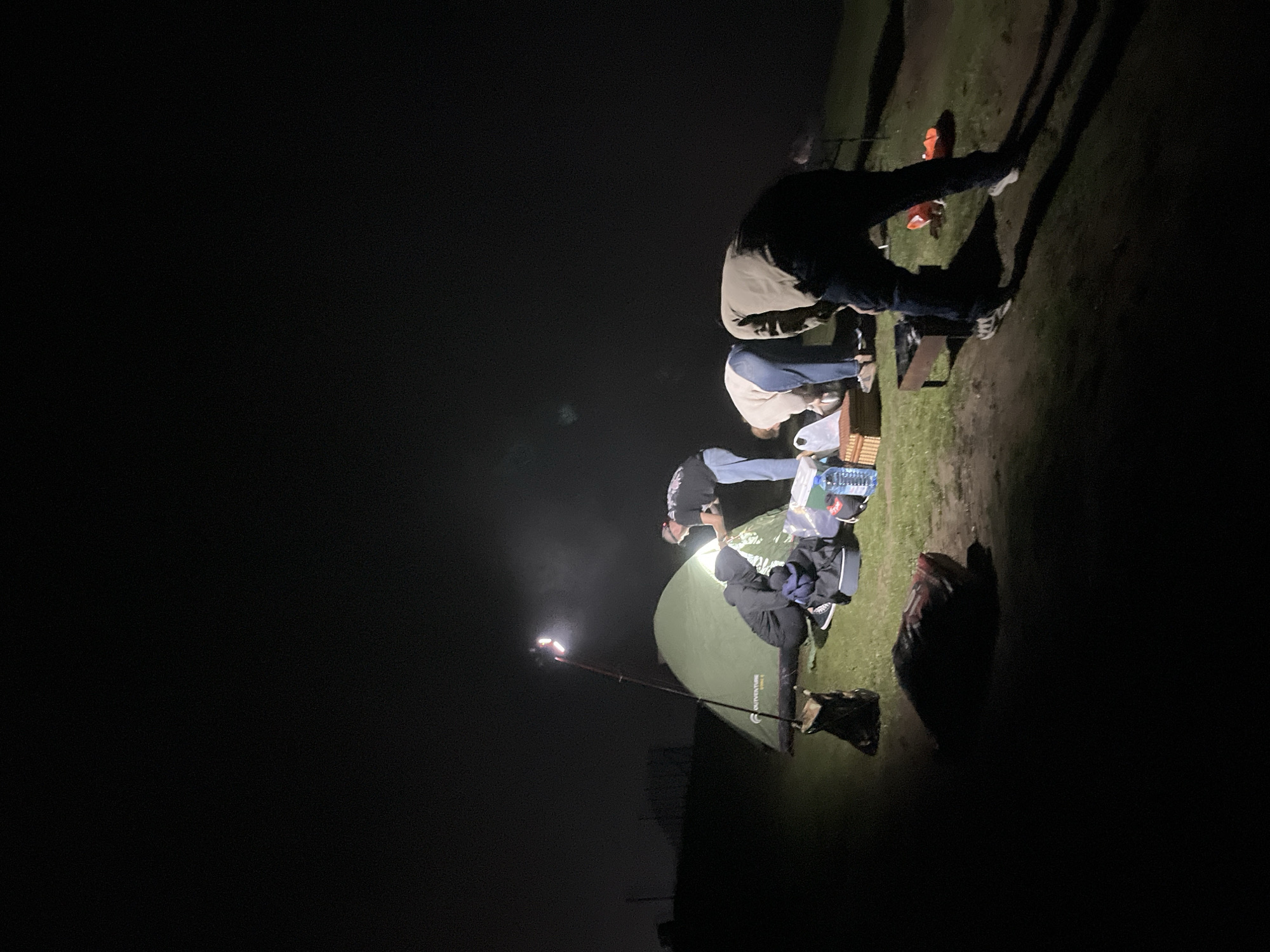 In Gomismta, Georgia, a group of four individuals is gathered around a green tent at night. A bright light illuminates the scene from a pole erected near the tent. Two individuals are bent over, appearing to be organizing items, while another person is visible inside the tent entrance, and a fourth is standing slightly further away. Various camping equipment, including bags, a cooler, and a water bottle, are scattered on the ground. The surrounding environment is dark, with the ground covered in grass and dirt, suggesting an outdoor camping setting. The scene captures a moment of activity during a nighttime camping excursion.