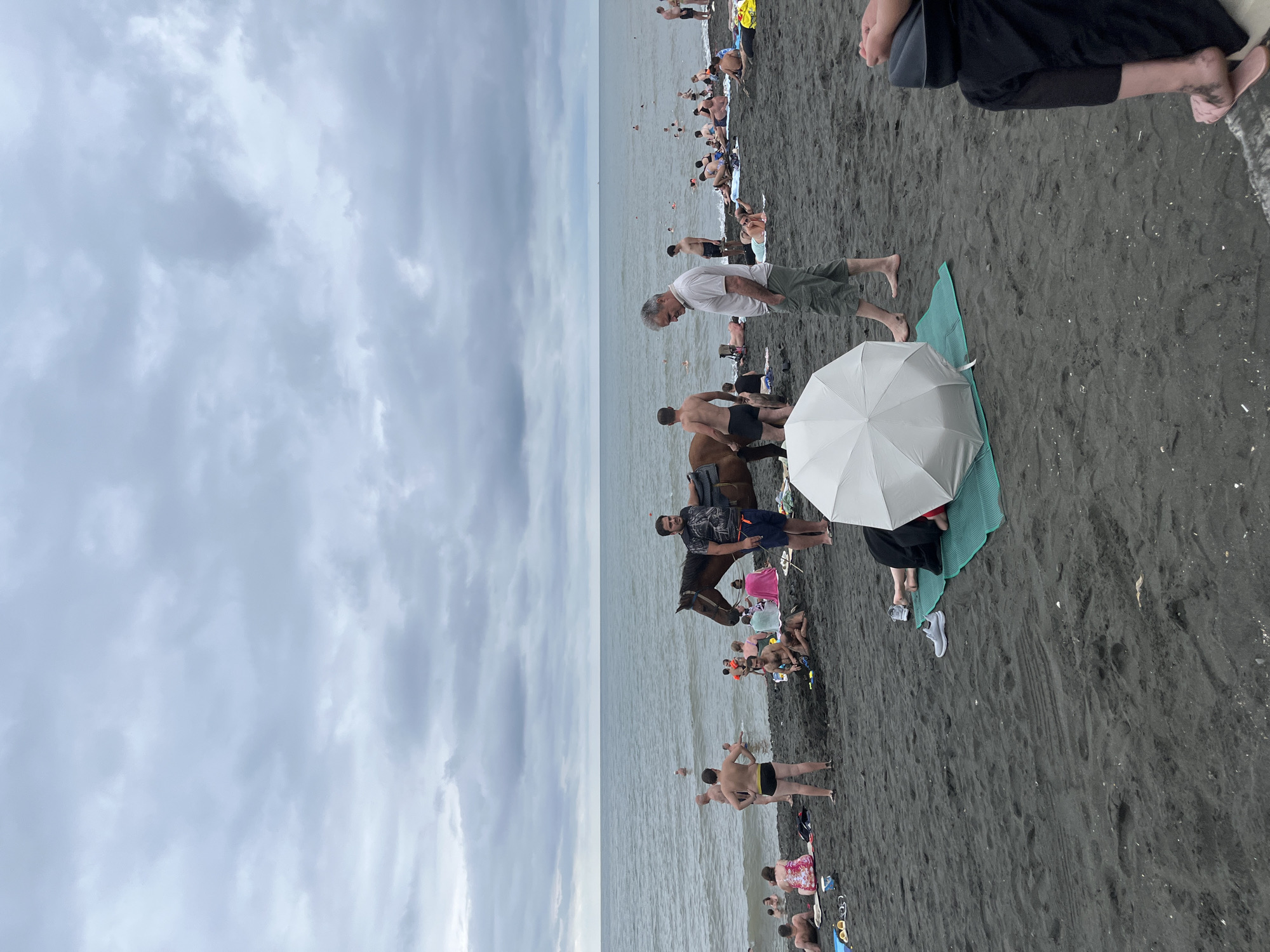 The image depicts a crowded beach scene in Ureki, Georgia, characterized by its distinctive black magnetic sand. The sky is overcast with dense clouds, creating a muted light. In the foreground, several people are relaxing on the dark sand. A person lies on a green mat under a white umbrella, with a pair of grey sneakers nearby. To the right, another person is seated, partially visible from the waist down.
Further back, closer to the water, a man stands next to a brown horse equipped with a saddle. This man is wearing a dark t-shirt and blue shorts. Another man, wearing a light-colored t-shirt and green shorts, stands with his hands in his pockets, looking down. The sea stretches out to the horizon, with numerous people swimming and wading in the water. Other beachgoers are scattered across the sand, some sitting on towels and mats, others standing or walking. The overall atmosphere suggests a typical summer day at this popular Georgian resort.