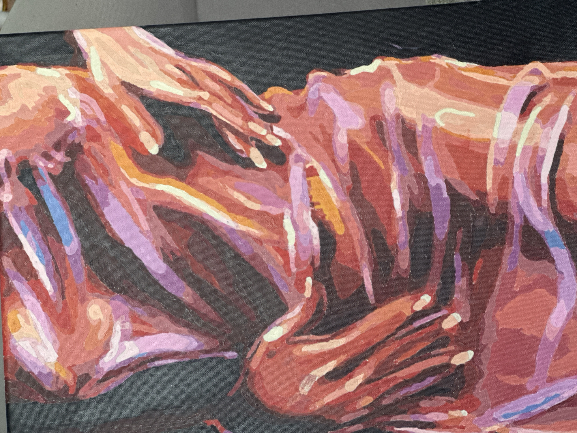The image is a close-up of an oil painting depicting a figure in shades of red, orange, purple, and white against a black background. The subject appears to be a human form, possibly reclining or lying down. There are two hands visible, one near the top of the frame and the other at the bottom. The brushstrokes are visible and the colors are blended. The canvas is taut and appears to be of a standard size. The location of the image is unknown.