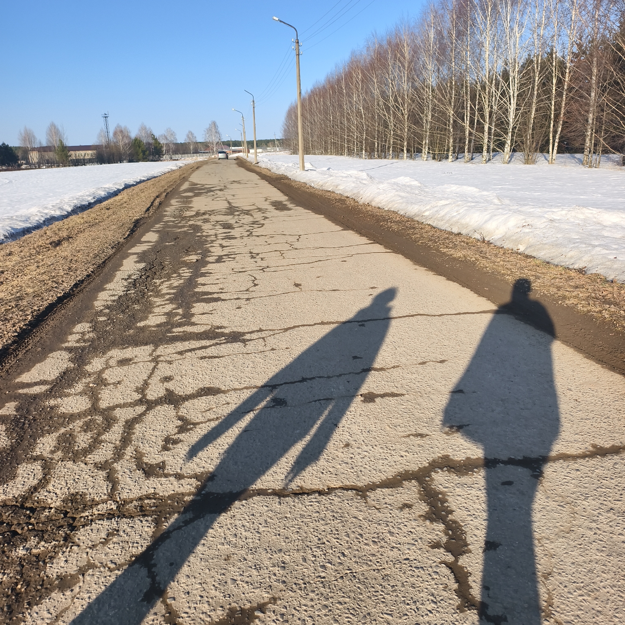 The image shows a cracked asphalt road in Фоки, Russia, with melting snow on either side. The road is flanked by trees to the right and a snow-covered field with buildings in the distance to the left. Streetlights line the road. The shadows of two people are cast on the road.