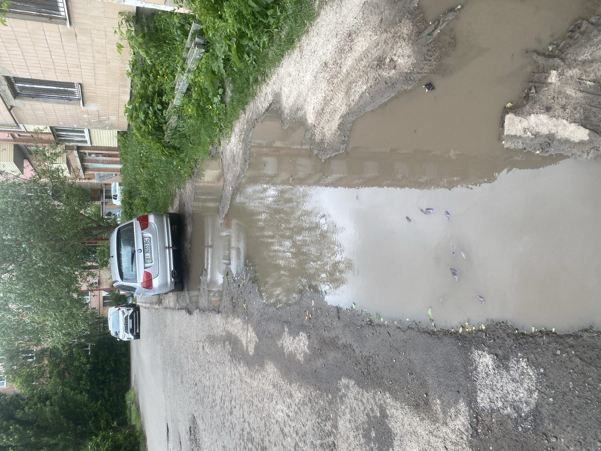 The image shows a large pothole filled with muddy water in a street, likely in Poltava, Ukraine. The pothole is wide and deep, spanning a significant portion of the road. Reflections of surrounding buildings and foliage are visible in the water. Debris, possibly leaves or small objects, floats in the water.
A silver car, with license plate "BI 3033 BC", is parked along the side of the road near the pothole. Another white car is parked in front of the silver car. Buildings are located along the side of the street, with some greenery present between the buildings and the road. The overall condition of the road appears poor, with visible damage and deterioration.