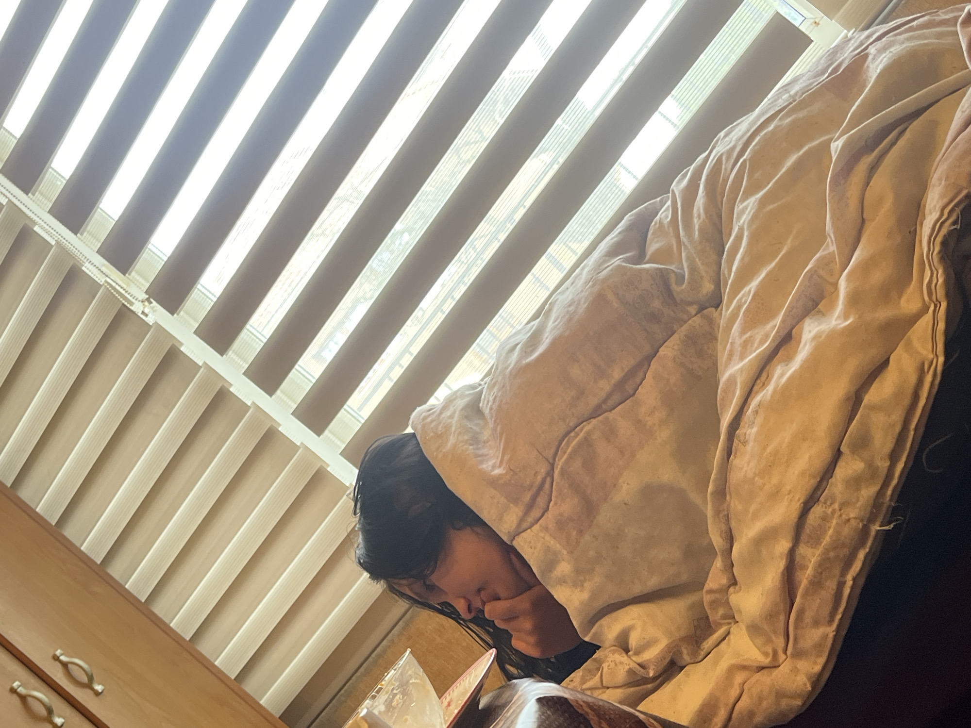 The image presents an indoor scene, likely a bedroom or living area, in Sofia, Bulgaria, captured from a tilted perspective. A person, appearing to be female with dark hair, is visible on the right, partially covered by a thick, light beige or off-white blanket or duvet. The blanket shows signs of use, with folds and a subtle patterned texture. The person's face is partially obscured by the blanket and their hand, which rests near their mouth or chin, suggesting a moment of quiet contemplation, rest, or early morning weariness.
Bright daylight floods the room through vertical window blinds in the upper and middle sections of the frame. The blinds are partially closed, creating alternating stripes of intense light and shadow, with glimpses of a blurry outdoor view visible through the open slats. The blinds themselves are a combination of lighter and darker beige or gray tones.
In the bottom left corner, a portion of a wooden dresser or cabinet is visible, featuring two metallic, possibly brass or gold-colored, drawer pulls. Near the person, a clear plastic container, possibly a cup or small bowl with some white residue, and a red object, which might be a book cover or a plate, are partially visible.
The ample natural light indicates that the photograph was taken during the daytime, possibly morning or afternoon. The overall impression is one of a comfortable and private indoor space. There are no explicit visual cues to specifically identify Sofia, Bulgaria, within the frame, and no visible text.