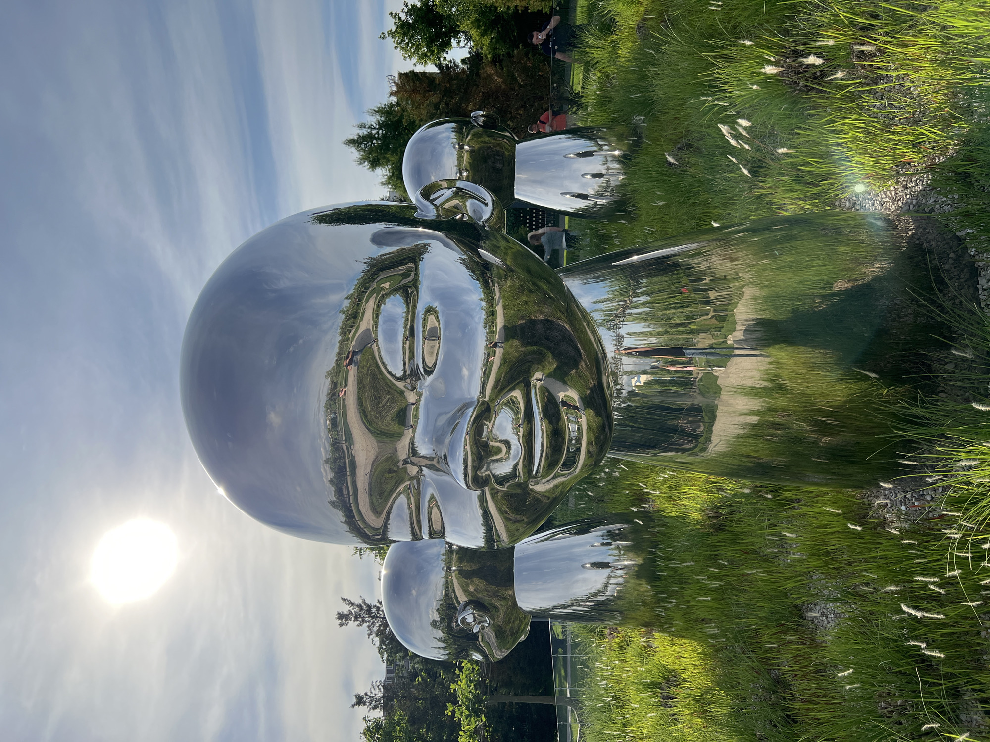 The image displays a large, highly reflective, chrome-like sculpture of a stylized human head or face, positioned outdoors in what appears to be a park or garden. The sculpture's polished surface acts as a mirror, reflecting its surroundings.
Prominently reflected on the sculpture's surface is a clear blue sky with streaky white clouds, and a bright, intense sun. Green trees and lush green grass with white feathery seed heads are also visibly reflected, indicating a vibrant natural environment. Indistinct reflections of people viewing the sculpture can be seen; one figure appears to be holding a device, possibly a camera. The ground reflected includes sections of gravel and a light-colored path.
Beyond the sculpture, the actual background features a blue sky with scattered clouds, green deciduous trees, and well-maintained green grass. Sunlight subtly illuminates the grass, particularly highlighting the white feathery plant elements.
The scene takes place during a bright, sunny daytime, likely late morning or afternoon. The weather appears clear and pleasant. The overall setting suggests a public art installation within a landscaped area, possibly a park or botanical garden, in Krasnodar, Russia. No visible text is present in the image.