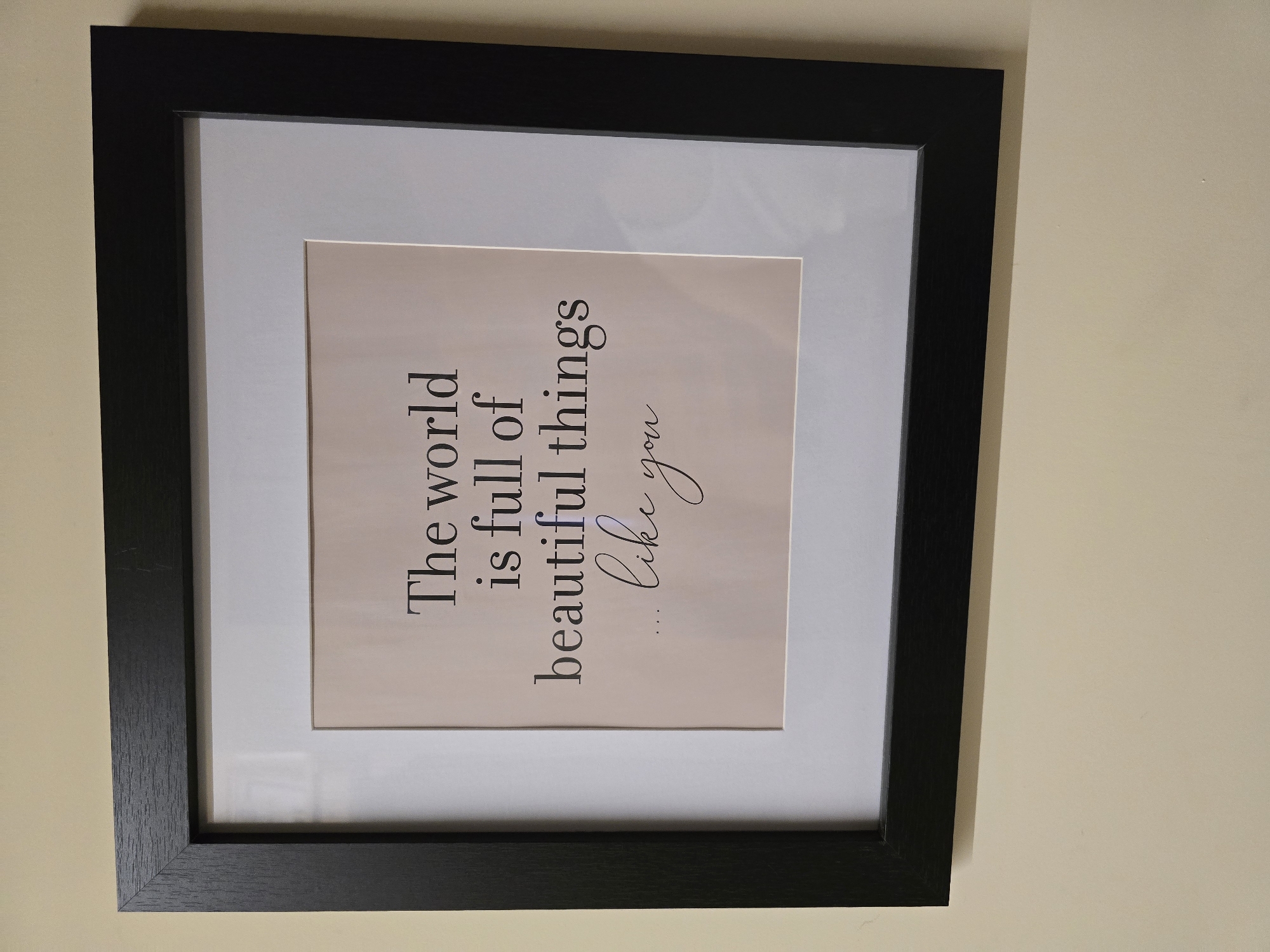 A black-framed picture hangs on a plain, light, warm-toned wall. The image is oriented 90 degrees clockwise, so the picture appears on its side. Inside the black frame, a wide, white mat board surrounds a print with a pale pink or light beige background.
The print displays text in black font. The first part, in a serif typeface, reads: "The world is full of beautiful things". Below this, an ellipsis "..." is followed by the phrase "like you", which is written in an elegant, flowing cursive script. No people are visible in the image. The setting is an indoor space, likely a room in a home or office.
