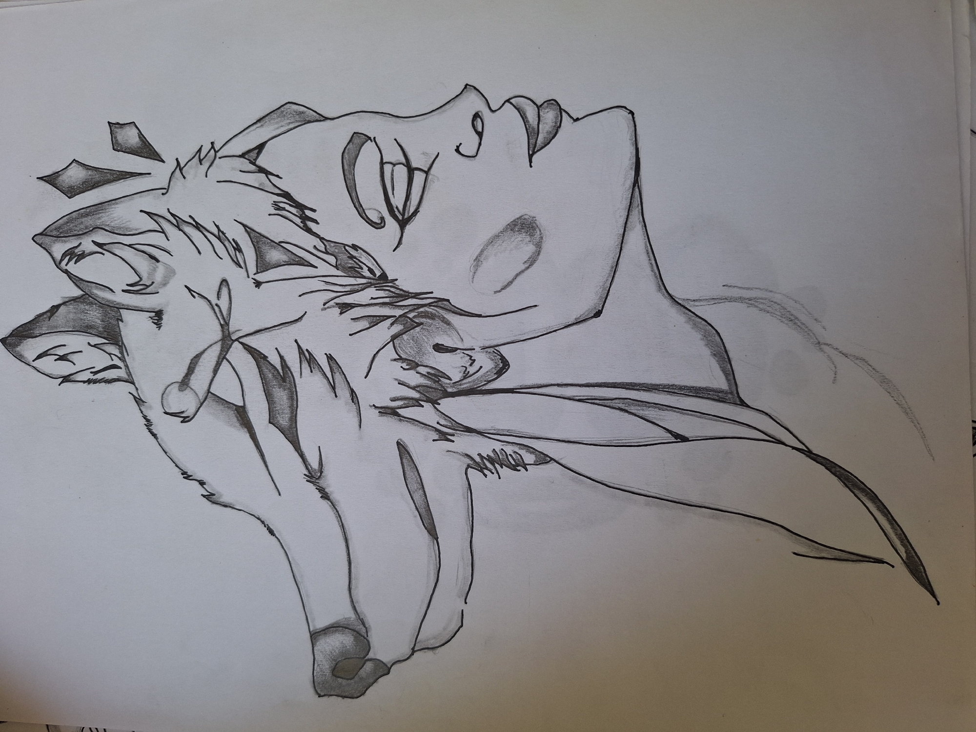 The image is a black and white pencil sketch on paper. The drawing depicts a profile view of a hybrid creature with the head of a wolf seamlessly merging into the head of a human. The wolf's head faces left, featuring sharp ears, a snout, and fur detail. The human's head faces right, with closed eyes, a prominent nose, and full lips. The transition between the two heads is fluid, with the wolf's fur blending into the human's hair. The creature is depicted from the neck up, with subtle shading indicating form. There are three abstract diamond shapes above the wolf's head. The background is plain white paper. The image is a work of art and does not depict a real-world scene in Varna, Bulgaria, or any other location.