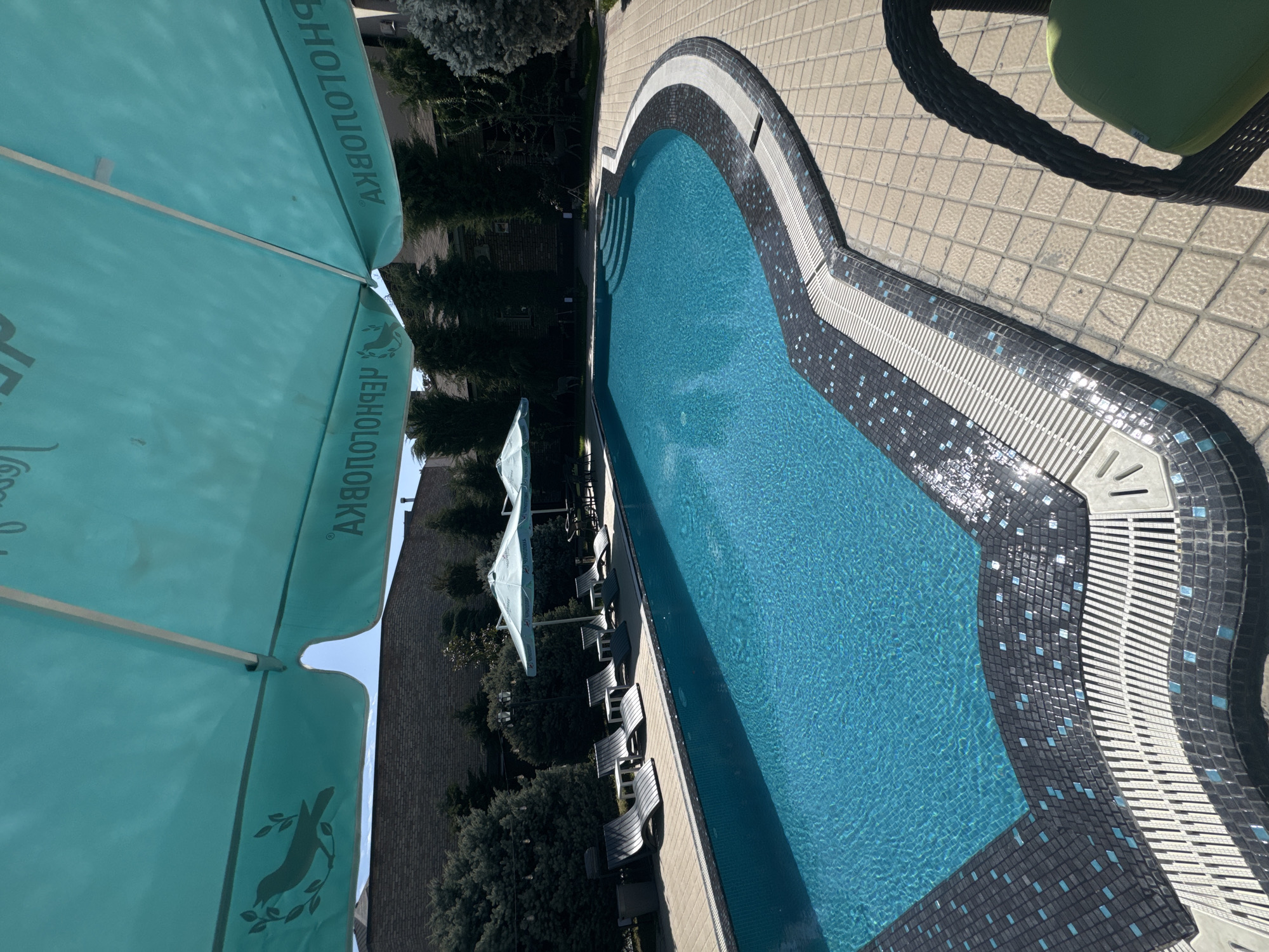 The image presents an outdoor swimming pool at what appears to be a resort or hotel. The pool is partially surrounded by a paved area, with lounge chairs lined up beside it. A large, light-blue parasol dominates the left side of the frame, obscuring part of the sky and buildings. In the background, trees and buildings are visible. The location is in Tashkent, Uzbekistan.