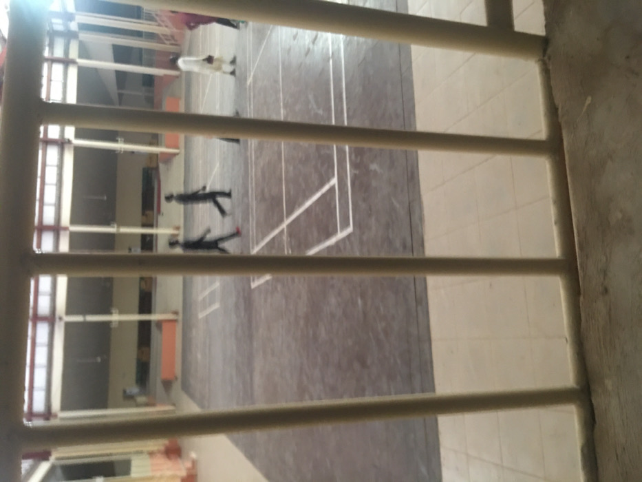 An indoor sports hall or gymnasium in Pindiga, Nigeria, is depicted from an elevated vantage point, viewed through six vertical cream-colored bars in the foreground. The facility features a large, dark-colored court surface with multiple white lines marking various playing areas, including what appears to be a badminton court in the mid-ground. The hall possesses high ceilings with visible structural beams, supported by columns, and an upper section with windows or ventilation openings. Tiered seating or bleachers are discernible along the far wall.
On the court, four individuals are present. Two male figures, dressed in dark clothing, walk from left to right across the mid-section of the court; the leading figure wears red shoes. To their right, a third male figure, dressed in a light-colored, possibly white, traditional garment, walks in the same direction while carrying a light-colored object in his right hand. A fourth individual, partially visible on the far right, wears a reddish-brown garment. The individuals are walking, not actively engaged in sport. The foreground also includes a tiled floor area visible beneath the bars.