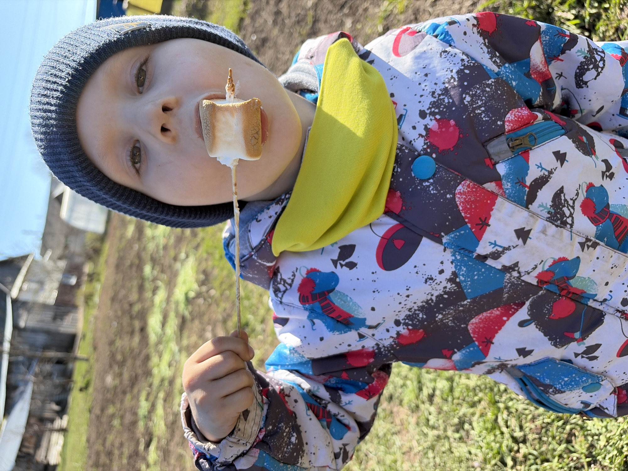 A young child is outdoors, possibly in a rural setting. They are holding a stick with a toasted marshmallow on the end near their mouth, possibly about to eat it. The child is wearing a dark blue beanie, a patterned winter jacket with blue, red, and gray accents, and a bright yellow neck warmer. The background shows a field with some vegetation and structures, possibly buildings or sheds, in the distance. The sky is visible and appears to be clear. The photo is taken at an angle. The precise location within Чумна, Russia is indiscernible.