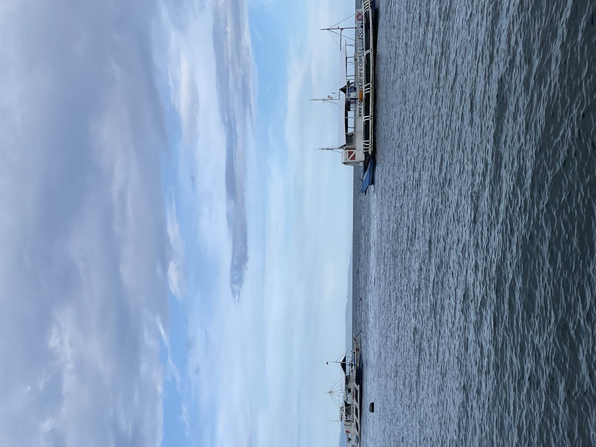 The image depicts two boats on a body of water under a cloudy sky. The boat on the right is closer to the viewer and appears to be a passenger boat with a white superstructure and blue hull. It has multiple awnings providing shade and is labeled with "WWW.SEAEXPLORERS.COM" on its side. There are also life preservers visible. The boat on the left is further in the distance and also appears to be a passenger boat, predominantly white with dark accents. Both boats are stationary. The water is dark blue and shows gentle ripples. In the background, a faint landmass is visible on the horizon, and the sky is filled with various shades of gray and white clouds interspersed with patches of blue. A dark, cylindrical object, possibly a buoy, is floating in the water near the left boat. This scene is consistent with the coastal waters of Dauin, Philippines, known for its marine sanctuaries and dive resorts, where such passenger boats are common.