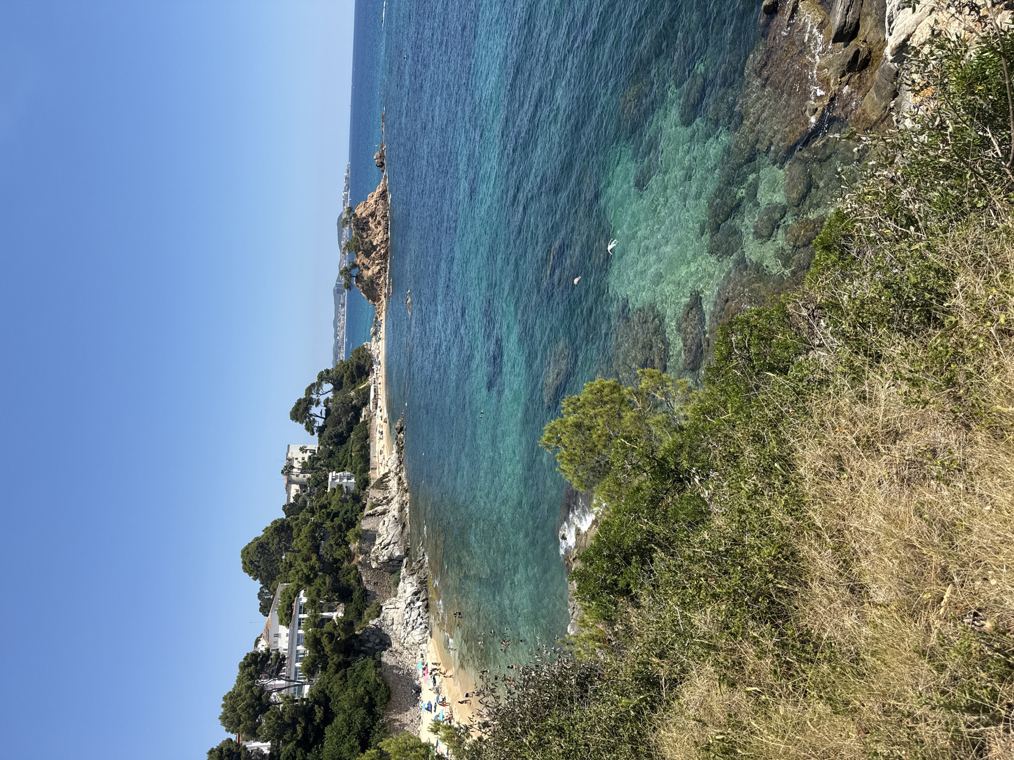 The image depicts a scenic view of a coastal area in Calonge i Sant Antoni, Spain, on a clear, sunny day. In the foreground, dry, tall grass and green bushes line a rocky incline. The middle ground features a sandy beach populated with numerous sunbathers and umbrellas. The turquoise waters of the Mediterranean Sea are visible, with several individuals swimming and enjoying the water. To the right of the beach, rocky outcrops are partially submerged. Further out in the sea, a small, rocky island with trees is situated. In the background, white buildings, possibly hotels or residential structures, are nestled amongst lush green trees on a hillside overlooking the coast. The horizon displays a hazy coastline with more buildings. The overall scene conveys a sense of a vibrant beach resort during peak tourist season.