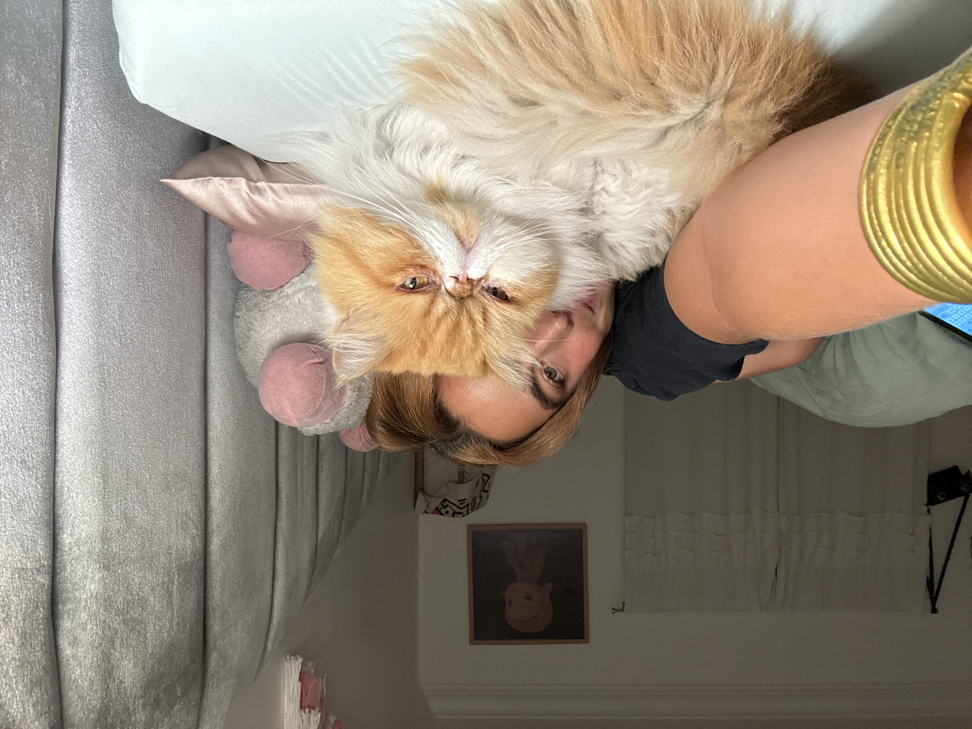 A woman with blonde hair is lying down, posing for a selfie with an orange and white Persian cat. The cat is lying on top of her chest. She is wearing a black t-shirt and a gold bracelet on her upper arm. A stuffed animal with pink ears is visible to the left of her face. Behind her is a light gray curtain. On the wall behind her, there is a framed image and wall mounted mirror with sconces. The setting appears to be indoors, possibly a bedroom. The location is most likely not detectable in this picture and is not apparent.
