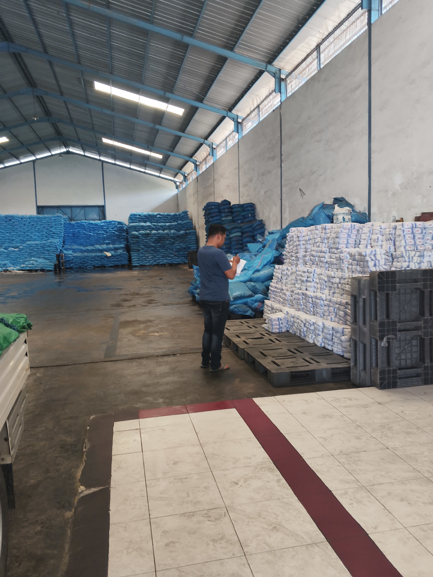 A man, seen from the back, is standing in a warehouse, looking down at a piece of paper he is holding. He is wearing a dark blue t-shirt and dark jeans. The warehouse is filled with stacks of goods. To his left are large piles of blue sacks. To his right, there are many stacks of white sacks with blue markings, some of which are on pallets. The floor is concrete and appears somewhat wet in places, with a tiled area marked by a maroon stripe in the foreground. The warehouse has a corrugated metal roof supported by blue metal beams, and natural light enters through panels along the upper walls. A portion of a white vehicle is visible on the far left. The overall impression is one of industrial storage. There is no information to indicate the location in Bandar Lampung, Indonesia.