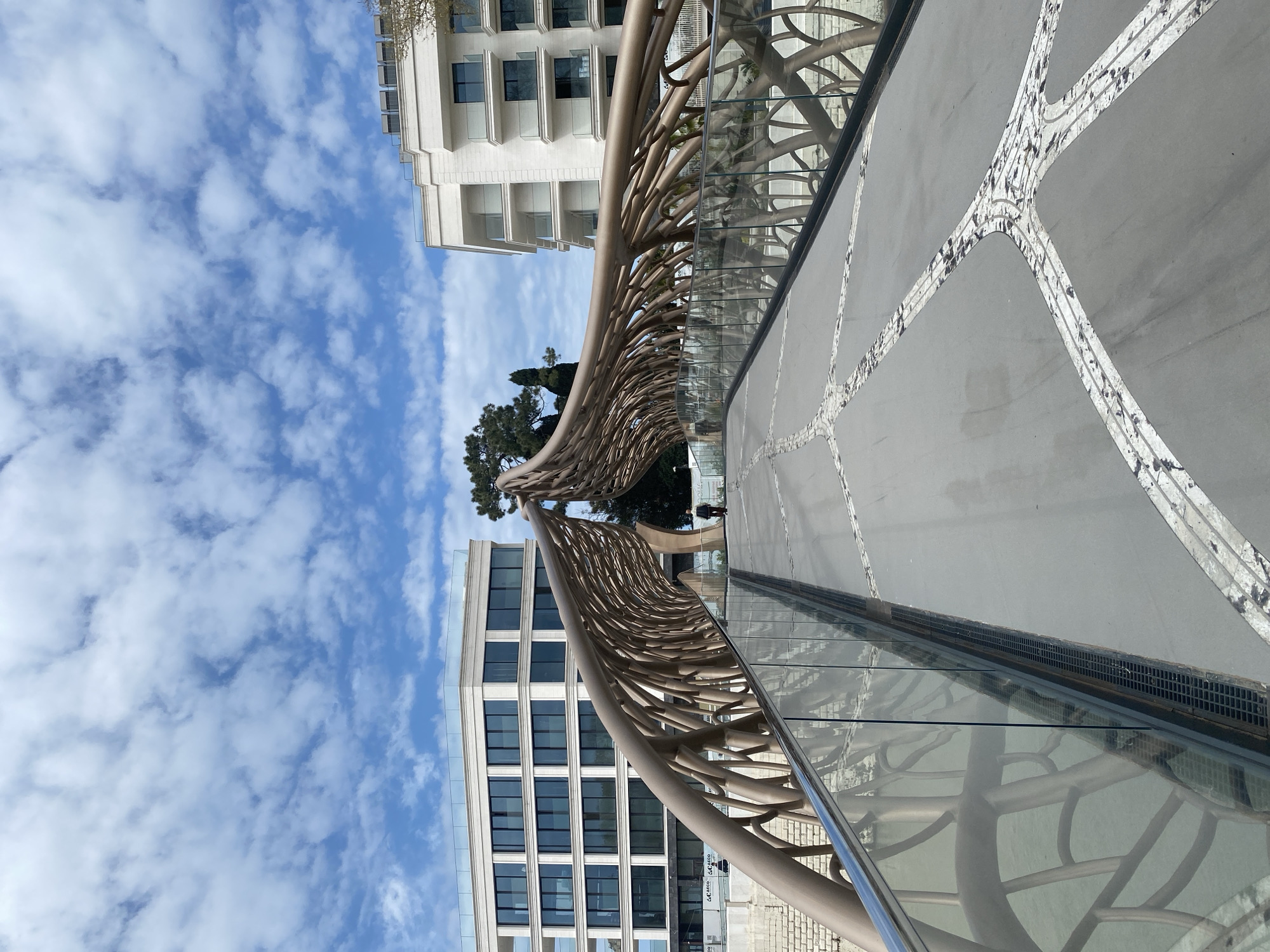This image captures a modern outdoor scene, likely a public walkway or park area in Sochi, Russia. The central feature is a distinctive pedestrian bridge or pathway, characterized by its unique railing and overhead structure. This structure is composed of bronze-colored metallic elements forming an organic, branching pattern, reminiscent of tree roots or veins. Transparent glass panels are integrated along the side of the walkway. The path itself is paved in light grey, featuring an embedded pattern of lighter, textured lines that create an intricate, almost cellular or root-like design on the surface.
On the left side of the walkway, a multi-story, modern building stands tall, exhibiting a light-colored (possibly white or beige) facade with numerous dark, rectangular windows and glass-fronted balconies. Another similar building is partially visible on the right. In the distance, a solitary person dressed in dark clothing is seen walking along the pathway, heading away from the viewer.
The background is dominated by a clear, bright blue sky dotted with scattered white, fluffy cumulus clouds, indicating a sunny day. Green trees, including some prominent conifers, are visible behind the bridge structure and between the buildings, adding a touch of nature to the urban setting. On the lower part of the left building, through the glass, some text is visible, including what appears to be "M Cisco". The overall impression is one of modern architecture harmoniously integrated with natural light and vegetation.