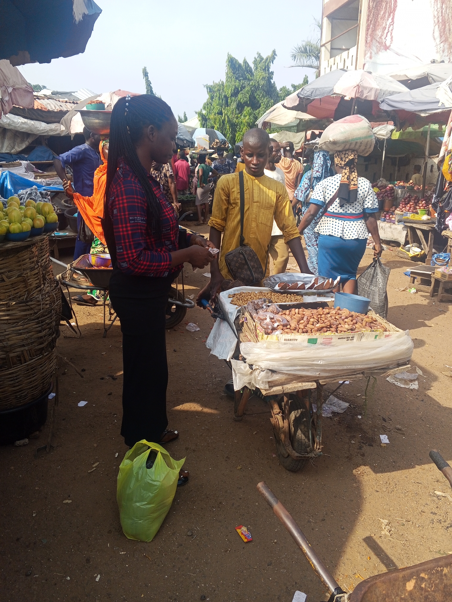 The image depicts a busy outdoor market scene in Lokoja, Nigeria. A woman with braided hair, wearing a red and blue plaid shirt and black pants, is standing and holding a small item in her hands. She is facing a man in a yellow shirt who is carrying a dark bag over his shoulder and is also holding a small item. They appear to be interacting, possibly in a transaction.
In the background, various market stalls with umbrellas are visible, displaying produce and other goods. Several people are moving around the market. To the left of the central figures, a large woven basket filled with green fruits is prominent. In the foreground, a bright yellow plastic bag lies on the dusty ground. A rustic wheelbarrow, laden with sacks and produce, is situated between the woman and the man. The overall environment is characterized by dirt ground, sunlight, and a lively market atmosphere.
