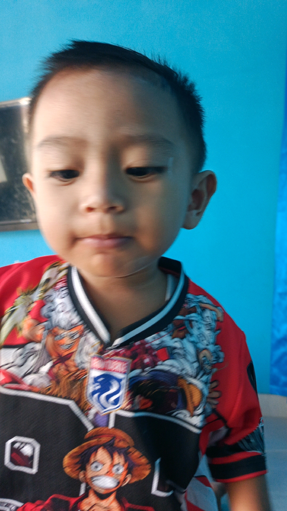This is a close-up, slightly blurry portrait of a young boy indoors. He has dark hair, brown eyes, and is wearing a red shirt with a colorful anime print featuring characters from "One Piece", including Monkey D. Luffy, and a blue and white crest. The background is a bright blue wall, and a part of a curtain is visible on the right. The lighting suggests it might be daytime, and the setting appears to be a home. The boy's expression is somewhat neutral, with his mouth slightly open. There is no visible text in the image, apart from the graphic designs on the shirt. The context provided places this image in Metro, Indonesia.