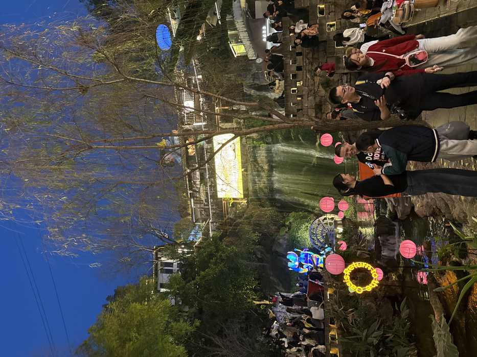 The image captures a crowded night scene in a scenic park or cultural attraction within Nan'an District, China. The sky is dark blue, indicating evening. A central feature is a large waterfall cascading down a moss-covered rock face into a shallow stream. Flanking the stream and waterfall are numerous illuminated decorations: several pink spherical lanterns are suspended or placed along the water, a yellow circular neon sign spelling "oasis" is visible on the left bank, and a large blue illuminated floral or abstract sculpture stands next to a wooden waterwheel structure on the left side of the waterfall.
Elevated buildings with illuminated windows are visible on the upper left and center background, integrated into densely vegetated hillsides. A prominent, tall, slender tree with sparse foliage, resembling a weeping willow, stands in the central foreground, partially obscuring the upper scene. On the right side, multiple tiers of stone steps serve as seating, occupied by numerous individuals.
In the immediate foreground, a group of five individuals is present. A woman in a black top and jeans stands, smiling towards a man in a black t-shirt with "DO LOVE" printed on it, who is also smiling and holding a mobile phone. A child in a dark and light-colored jacket stands between them, facing the woman. To their right, a man wearing glasses and a camera strap holds a mobile phone and looks downward. Adjacent to him, a woman in a red top and light pants walks to the right, also holding a mobile phone. Throughout the scene, many other people are visible, either seated on the steps, standing on pathways, or observing the illuminated features. The area is brightly lit by various artificial light sources, creating a vibrant atmosphere.