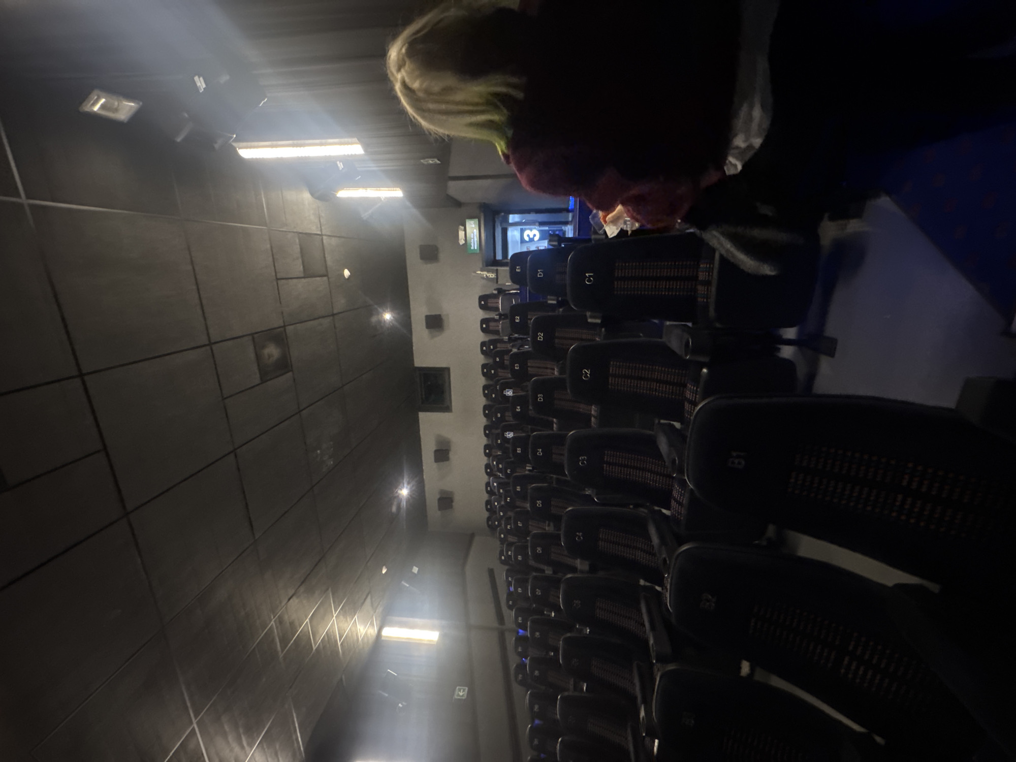 The image depicts an indoor setting that appears to be an empty movie theater. Rows of seats with numbered labels are seen extending into the distance. The lighting is dim, with bright spots from overhead lights. Some seats have visible row and seat numbers (e.g., E5, D4, C3, B1). Near the front, the figure of a person with blond hair is partially visible. At the end of the rows, in the distance, a screen or exit can be seen with the number "3". The location of the scene is a cinema in the city of Puebla, Mexico.