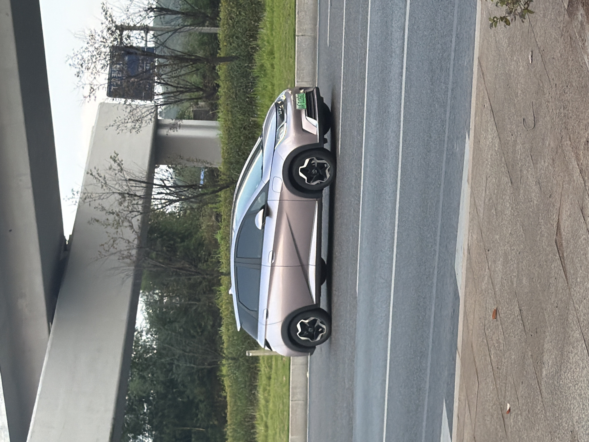 An electric car, a BYD Dolphin, is seen driving on a road in Jiangjin, China, on an overcast day. The car is light purple and has distinctive star-shaped black rims. The car is in the right lane of a multi-lane road, with a concrete barrier and a grassy verge to its left. Behind the verge, there is a line of trees and bushes, and in the background, a large concrete overpass is visible. The sky is a hazy white, indicating cloudy weather. The road surface is asphalt with white lane markings. The sidewalk in the foreground is paved with rectangular concrete slabs. There are no people visible in the image.