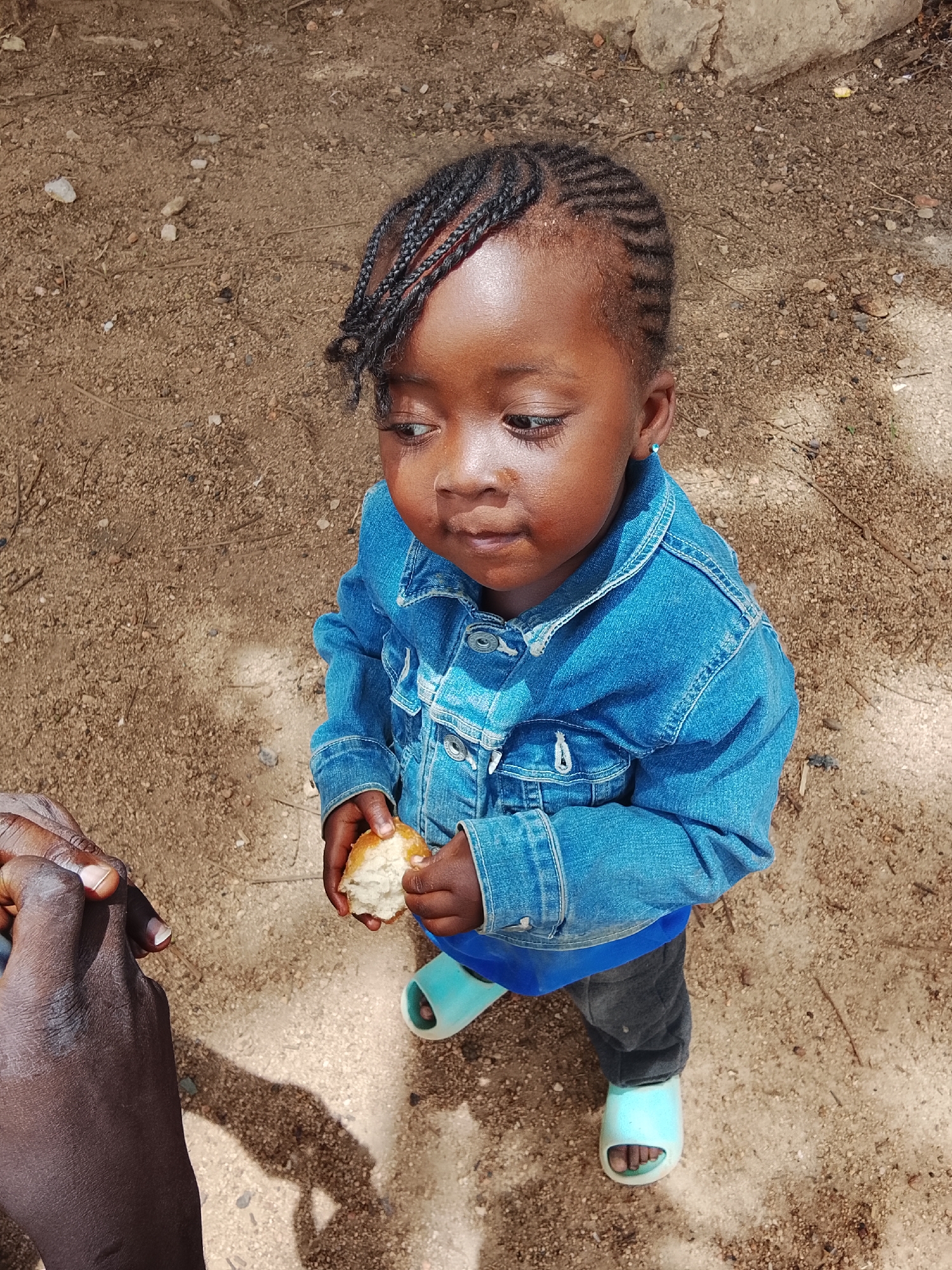 The primary subject is a young child, likely a toddler, with dark skin, depicted outdoors on what appears to be a sunny day, given the distinct shadows on the ground. The child is positioned slightly above eye level, looking down and to their left with a contemplative expression. They are holding a piece of light-colored, torn bread or a bun in both hands.
The child wears a blue denim jacket over a blue top, dark trousers, and light blue or turquoise slide sandals. Their hair is styled in neat, small cornrows that sweep towards the left side of their face. Small, light blue stud earrings are visible in their ears.
In the lower-left corner of the frame, the dark-skinned hands of an adult are partially visible, positioned near the child, suggesting interaction or an offering. The ground is dry, light brown soil mixed with small gravel and some scattered organic debris. There is no visible text in the image. The specific location is unknown.