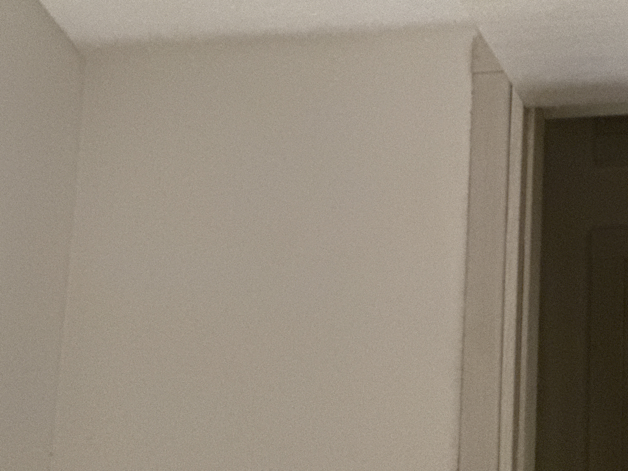 The image shows an interior corner of a room with a doorway. The walls are painted a light, neutral color, possibly beige or off-white, and appear to be textured. The lighting suggests it is daytime, with natural light falling on the wall from an unseen source, creating subtle shadows in the corner.
To the right of the corner, a doorway is visible. The door frame is painted a slightly darker shade than the wall and has a detailed, possibly decorative, molding. Beyond the frame, a darker area suggests the interior of another room or hallway, with the door itself appearing to be a dark brown or black. The transition between the illuminated wall and the darker interior is sharp, indicating a clear boundary.
There are no people or specific objects clearly depicted in the scene. The focus is on the architectural elements and the play of light and shadow. The setting appears to be a residential or hotel interior, given the simple yet finished look of the walls and doorway. The overall impression is one of quiet simplicity and everyday domesticity. No text is visible in the image. The location context of Budva, Montenegro, does not provide any specific visual cues within the image itself, but implies an Adriatic European setting.