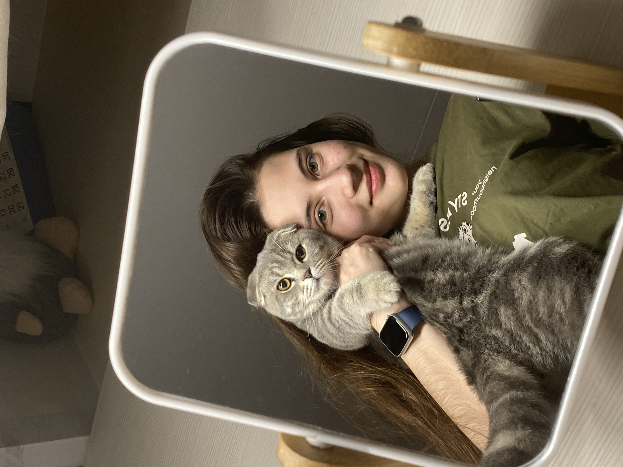 This image, taken in Votkinsk, Russia, captures a mirror selfie of a young woman affectionately holding a Scottish Fold cat. The woman, reflected in a white-framed mirror, has long brown hair and a subtle, content smile, looking directly into the camera. She is wearing an olive-green t-shirt, on which mirrored text is visible, appearing to read "SYNERGY YOUR SPORT" or a similar slogan. A blue smartwatch with a dark screen is prominent on her left wrist.
She is cradling a fluffy, grey tabby Scottish Fold cat, characterized by its distinctive folded ears and round face. The cat, with its large amber eyes, also gazes directly into the mirror, establishing eye contact with the viewer. Its front paws are resting gently on the woman's chest.
The setting appears to be indoors, likely a cozy home environment. To the left of the mirror, a wall-mounted calendar or planner is partially visible, displaying numbers such as "13," "15," "17," "18," "20," "21," "22," "27," "28," "29," and "30." Below the calendar, a soft toy or gnome figure with a brown hat is partially obscured. A wooden stand or table supports the mirror, visible at the top and bottom edges. The lighting is soft and indirect, contributing to a warm and tranquil atmosphere. The overall impression conveyed is one of endearment and peaceful companionship between the woman and her pet.