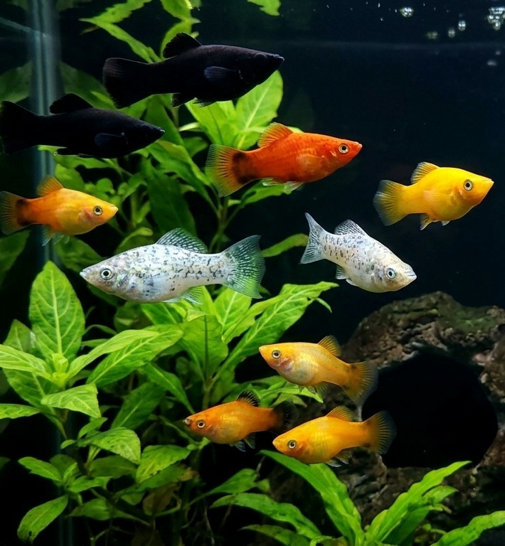 The image shows an aquarium with various molly fish. There are two black mollies at the top, followed by orange, yellow, and spotted white mollies in the middle. Three yellowish-orange mollies are at the bottom. Green plants are throughout the aquarium, and a dark rock formation is visible in the lower right corner. The lighting is bright, illuminating the fish and plants. There is no evidence to suggest that the picture was taken in City of Medan, Indonesia.