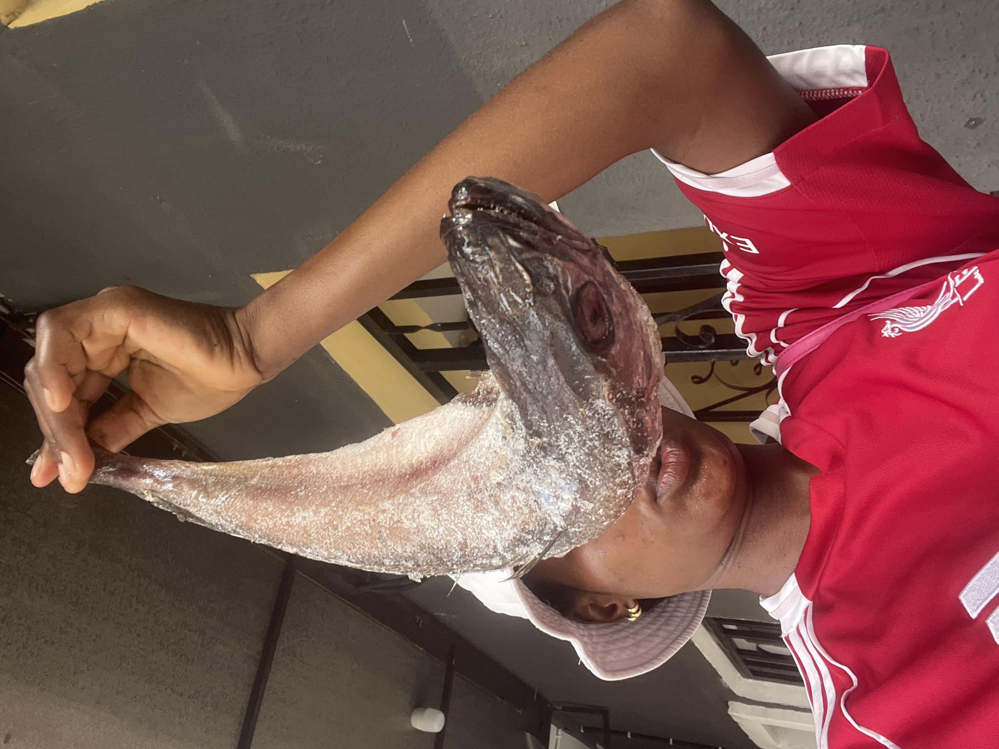 A person, appearing to be male, is captured in a close-up, vertical shot, holding a large, elongated fish. The person has dark skin and is wearing a red short-sleeved shirt with white trim and stripes, reminiscent of a sports jersey, possibly Adidas. A partial white logo resembling the Liverpool FC crest is visible on the right side of the shirt, along with the partial white letter "E" from some text. The person is also wearing a white bucket hat and a gold hoop earring.
The fish held by the person is substantial in size, covered in a prominent white, crystalline layer, suggesting it has been dried or heavily salted for preservation. Its scales are visible, and its head features a slightly open mouth with visible teeth. The person holds the fish with both hands, one grasping the tail end and the other supporting the body near the head, presenting it towards the viewer.
The background is dark and out of focus, with hints of a metal structure or railing, indicating an indoor or shaded outdoor setting. The scene focuses on the interaction between the person and the fish, without clear indications of time of day or discernible emotions due to the fish partially obscuring the face. The location context is Ado, Nigeria.