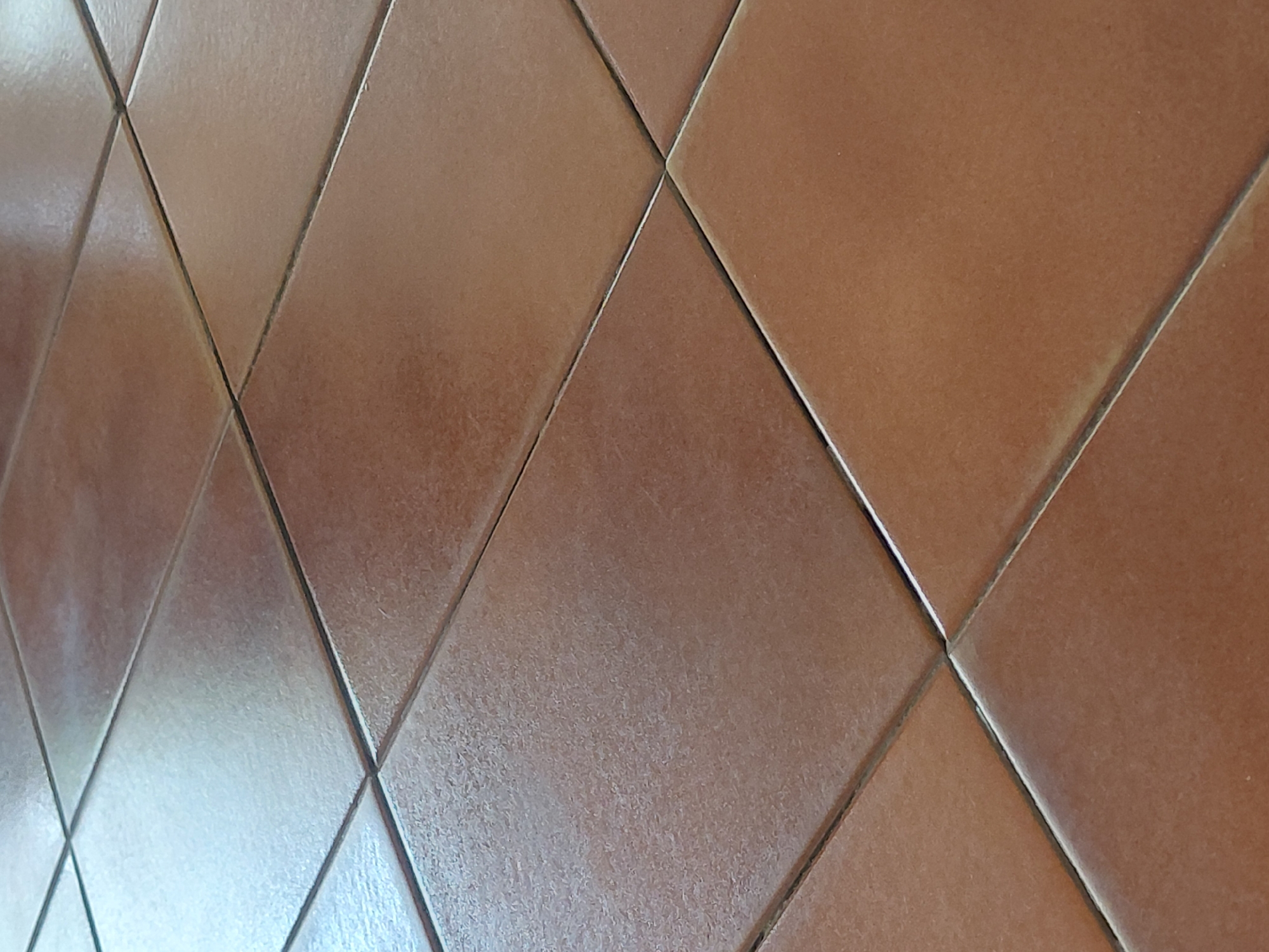 The image shows a close-up, angled view of a tiled floor. The tiles are square and have a glossy, reddish-brown color. The grout lines between the tiles are dark and form a grid pattern. There are reflections of light on the surface of the tiles, indicating a smooth, polished finish. The scene appears to be indoors, possibly in a home or commercial space, and there are no people or other objects visible in the frame. The lighting suggests a well-lit environment. This scene is from a tiled floor within a dwelling in the city of Santa Ana, Venezuela.
