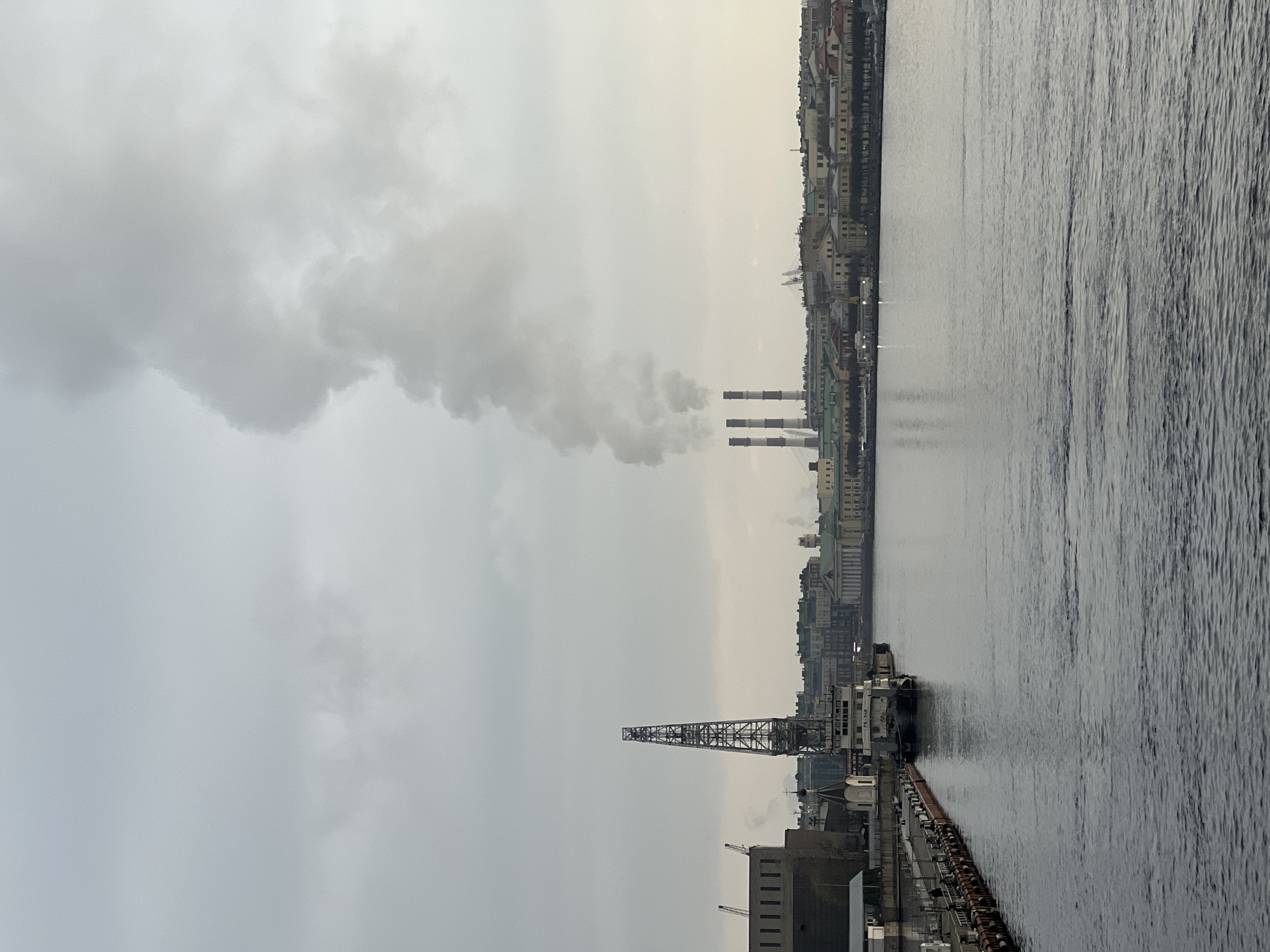 The scene shows a view of Saint Petersburg, Russia. The image includes a body of water, a river, with an industrial section along the riverbank, including a crane and a building with industrial pipes and cranes. The image includes tall stacks or industrial chimneys and grey clouds. The chimneys release smoke or steam into the atmosphere. Across the river, a cityscape is visible. The sky is overcast and grey.