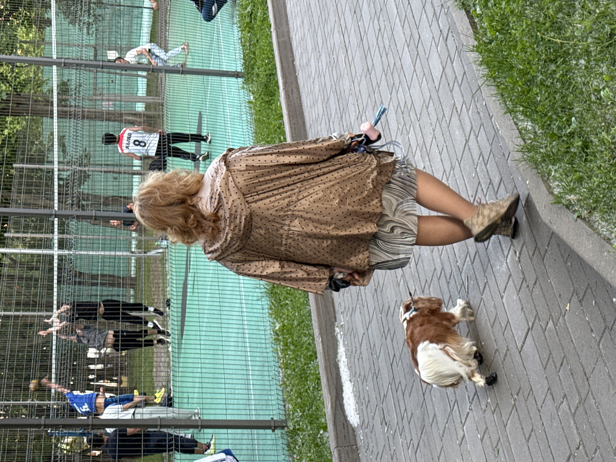 The image depicts an outdoor scene in a public recreational area, identified as Moscow, Russia. In the foreground, a female subject with curly, reddish-blonde hair, viewed from behind, walks on a paved sidewalk. She wears a brown, polka-dotted, long-sleeved jacket over a striped dress or skirt and tan, low-heeled ankle boots. In her right hand, she holds a dog leash attached to a small dog, along with a pink, possibly toy-like, object and a blue strap.
The dog, a small, long-haired breed predominantly white with brown patches, walks ahead of the female subject on the leash. Its paws are fitted with dark-colored protective booties.
Behind a dark chain-link fence, a volleyball court with a green playing surface is active. Multiple individuals are engaged in a game of volleyball. On the left side of the net, two male subjects are mid-air; one in a blue shirt is positioned to hit a yellow volleyball, and another in a dark-colored shirt appears to be blocking. Another male subject in a white shirt stands nearby on the court. On the right side of the net, a male subject wears a white jersey with red trim, displaying the Cyrillic text "КЫЯД" above the number "8" on his back. Another male subject is visible in the background on the far right of the court.
The environment includes a grey paver-stone sidewalk separated by a concrete curb from a strip of green grass. Beyond the volleyball court fence, numerous trees are visible, indicating a park-like setting. The scene is illuminated by natural daylight.