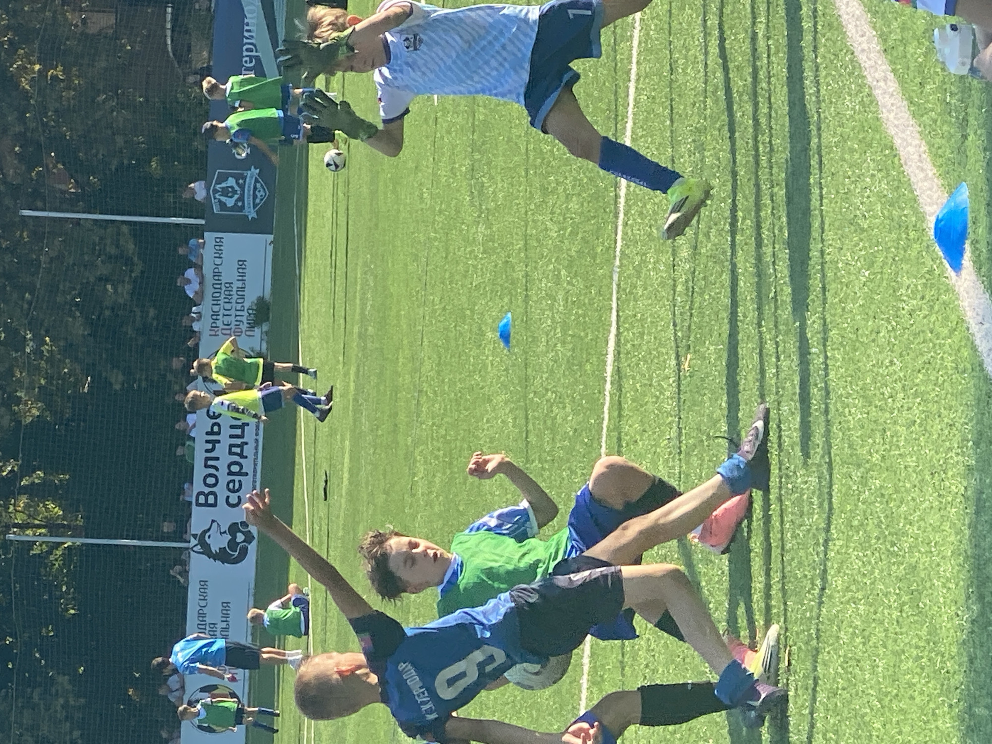 In Krasnodar, Russia, a youth soccer game is underway on a bright, sunny day. The scene captures a moment of intense action as several young players are engaged with a soccer ball.
In the foreground, a player in a blue jersey with the number 9 on his back, identified as "K. KUZERODAR," is in motion. His right leg is extended, and his body is angled as if he is trying to control or pass the ball, which is visible near his feet. Beside him, another player, wearing a green bib over a blue and white jersey, is on his knees, seemingly reaching for the ball or attempting to tackle. His facial expression suggests focus and exertion.
Further to the right, a goalkeeper in a light blue and white striped jersey and dark shorts, wearing green gloves, is positioned and appears to be anticipating or reacting to the play. His body is leaned forward, and his arms are raised, ready to catch or block the ball. The number 7 is visible on his left leg.
In the background, several other young players in similar soccer attire are scattered across the green field, with some actively participating and others observing. Spectators are visible behind a fence and a banner, which displays "ВОЛЧЬЕ СЕРДЦЕ" (Wolf Heart) and other text, including "КРАСНОДАРСКАЯ ДЕТСКАЯ ФУТБОЛЬНАЯ ЛИГА" (Krasnodar Children's Football League). The field is marked with white lines, and blue training cones are placed on the grass. The environment is outdoors, with trees and a fence visible beyond the field, indicating a sports complex or stadium setting. The overall atmosphere suggests a competitive yet spirited youth sporting event.